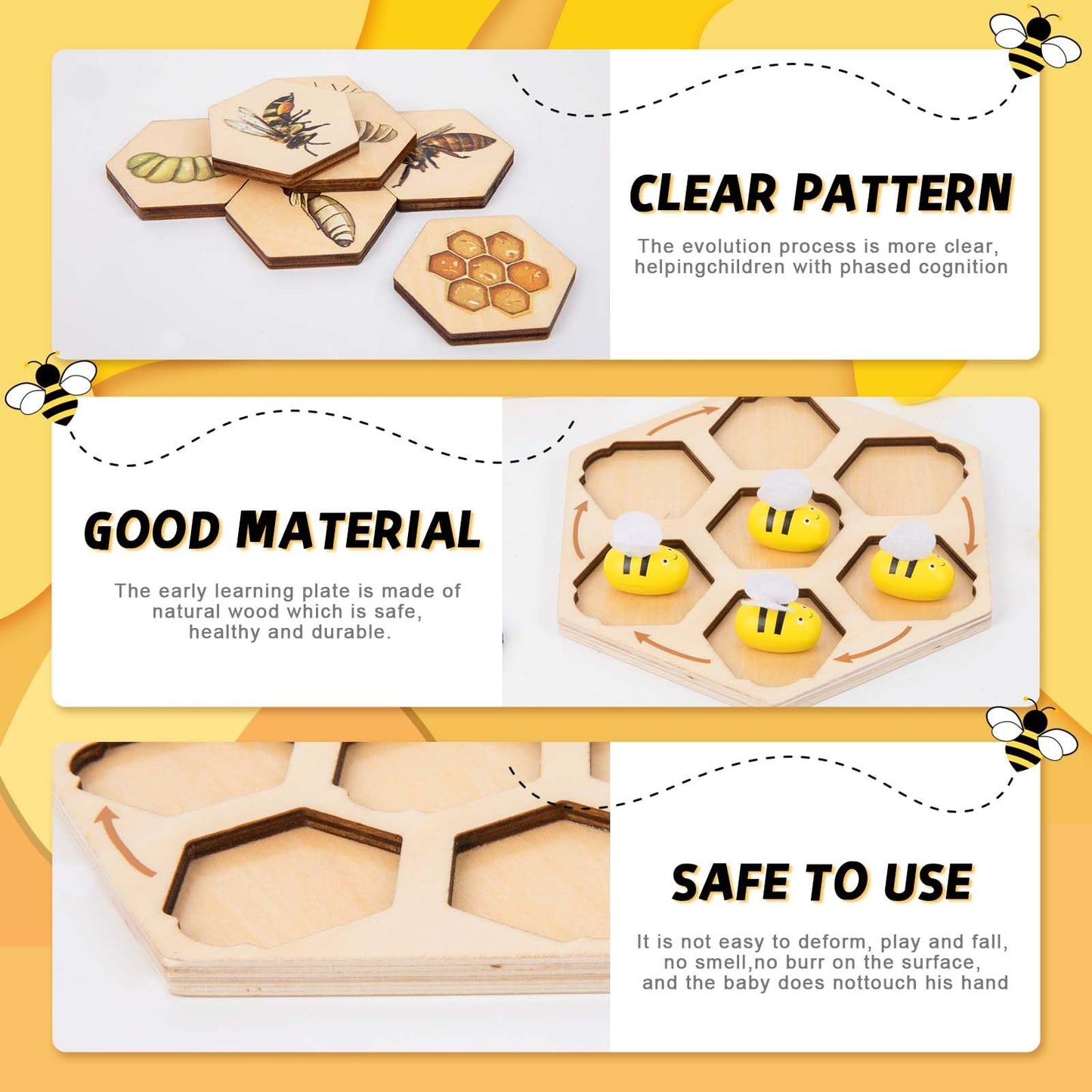 Adena Montessori Wooden Bee Life Cycle Puzzle Toy Set with Tray and Clamp, Animal Life Cycle Educational Activity for 3-6 Year Old Boys & Girls