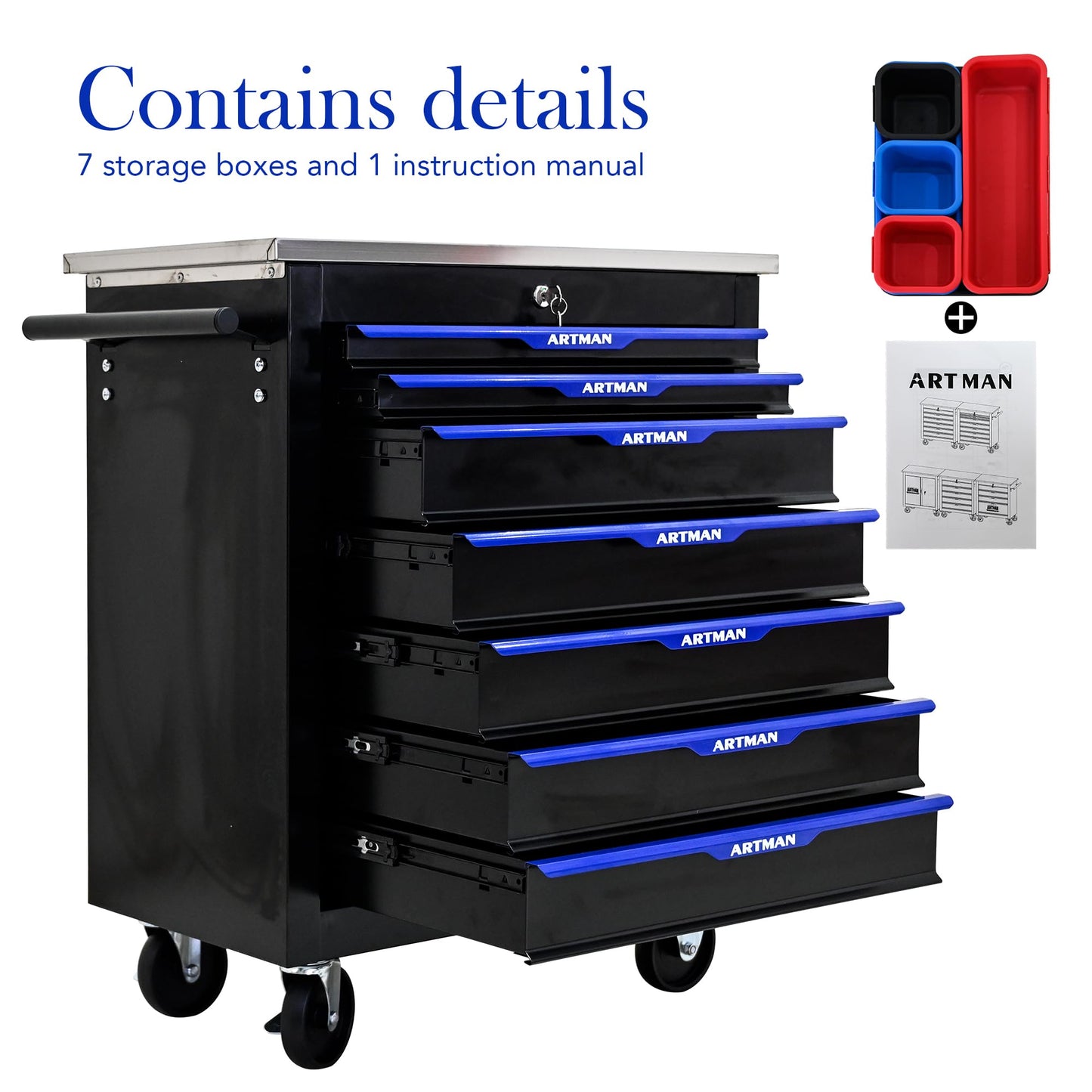 7-Drawer Heavy-Duty Rolling Steel Tool Cart with Handle&Wheels, Metal Storage Organizer Cabinet, Tool Chest for Efficient Tool Storage in Garage, Warehouse, Workshop, Repair Shop, Blue