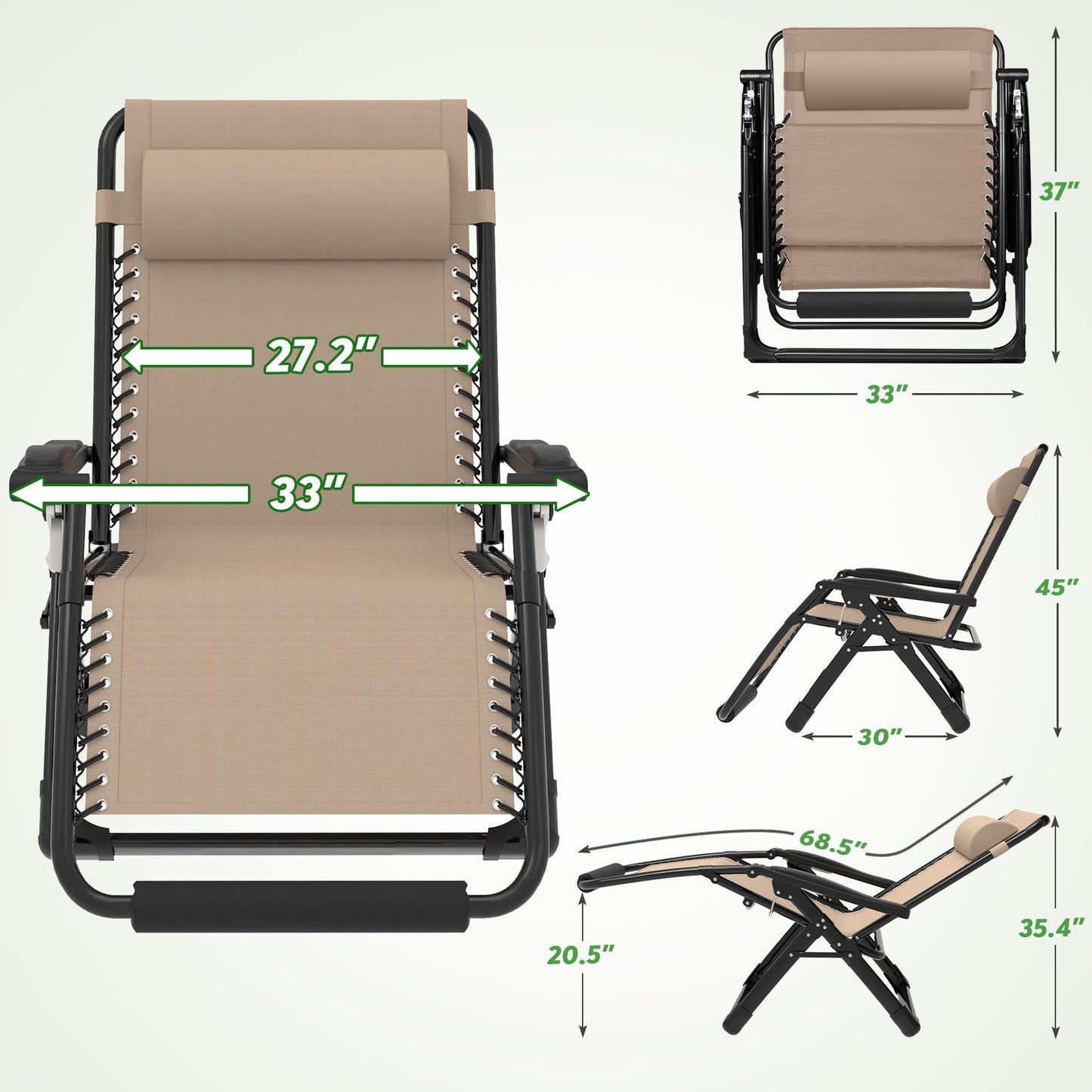 ZENPETIO Oversized Zero Gravity Chair, 33In XXL Zero Gravity Recliner Lounge Chair, Anti Gravity Chair for Indoor and Outdoor, Reclining Camping Chair for Lawn and Patio w/Cushion and Footrest, 500LBS
