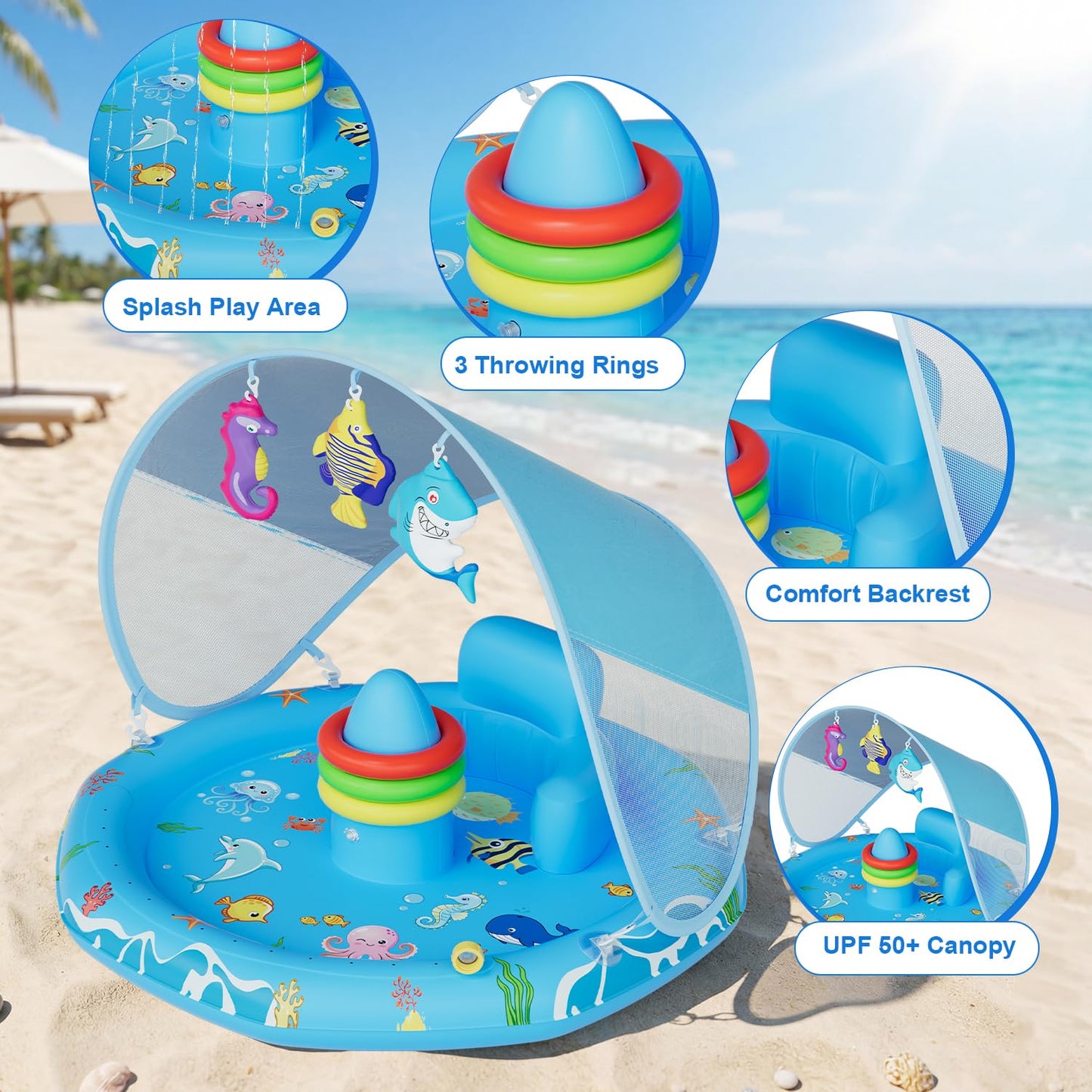 Verdenu Baby Splash Pad with Canopy, Baby Play Mat with Sprinkler, Toddler Splash Sprinkler Pad with Backrest & Stackable Rings, Summer Outdoor Water Play Toys for Boys Girls