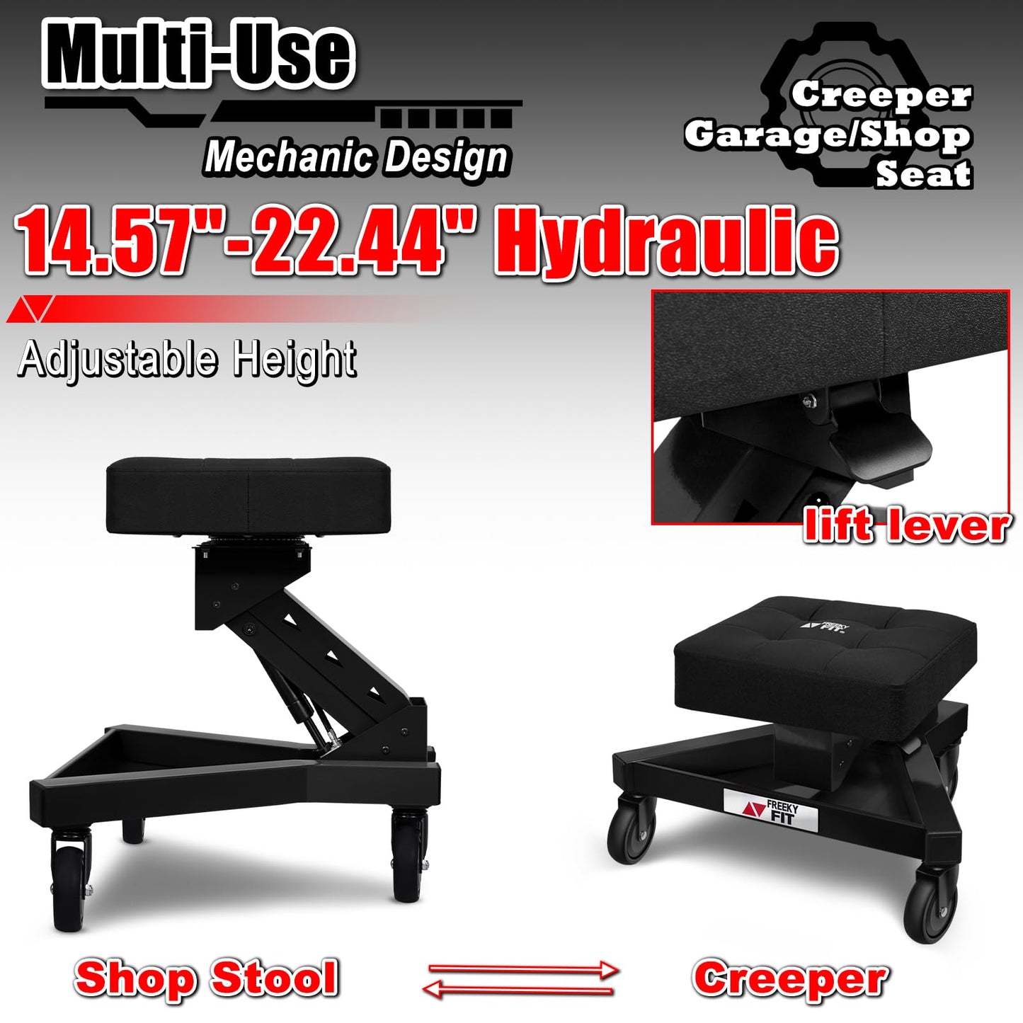 FreekyFit Mechanic Stool with Wheels, Hydraulic Adjustable Shop Stool on Wheels, Garage Work Rolling Chair for Workshop, 400 LBS Capacity, 4 Inch Casters, 360° Swivel Casters Roller Chair, Black