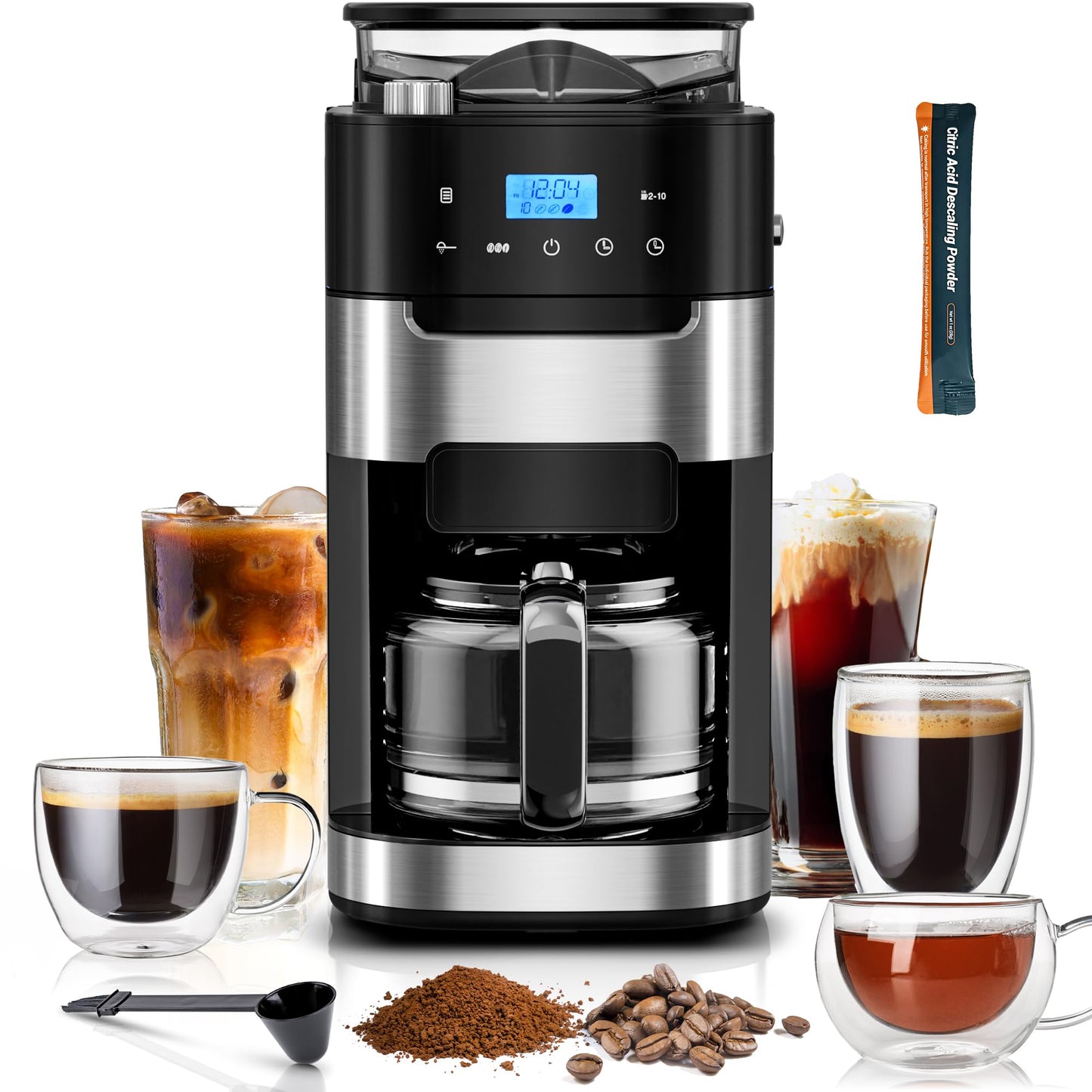 Kismile 10-Cup Digital Drip Coffee Maker with Built-In Grinder, Programmable, 12H Timer, Keep-Warm Function, Customizable Strength & Grind Size, Coffee Machines with Smart LED Touchscreen