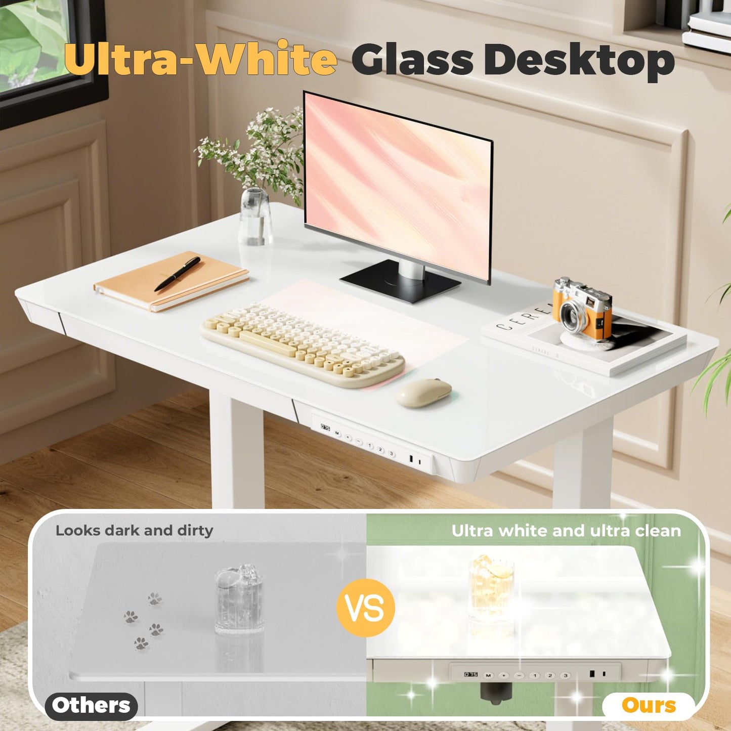 JYLH JOYSEEKER Glass Small Standing Desk with Drawer, 31.5" x 20" Whole Piece Electric Sit Stand Table, Height Adjustable Desk with Storage & USB Ports, Quick Install Home Office Computer Desk, White