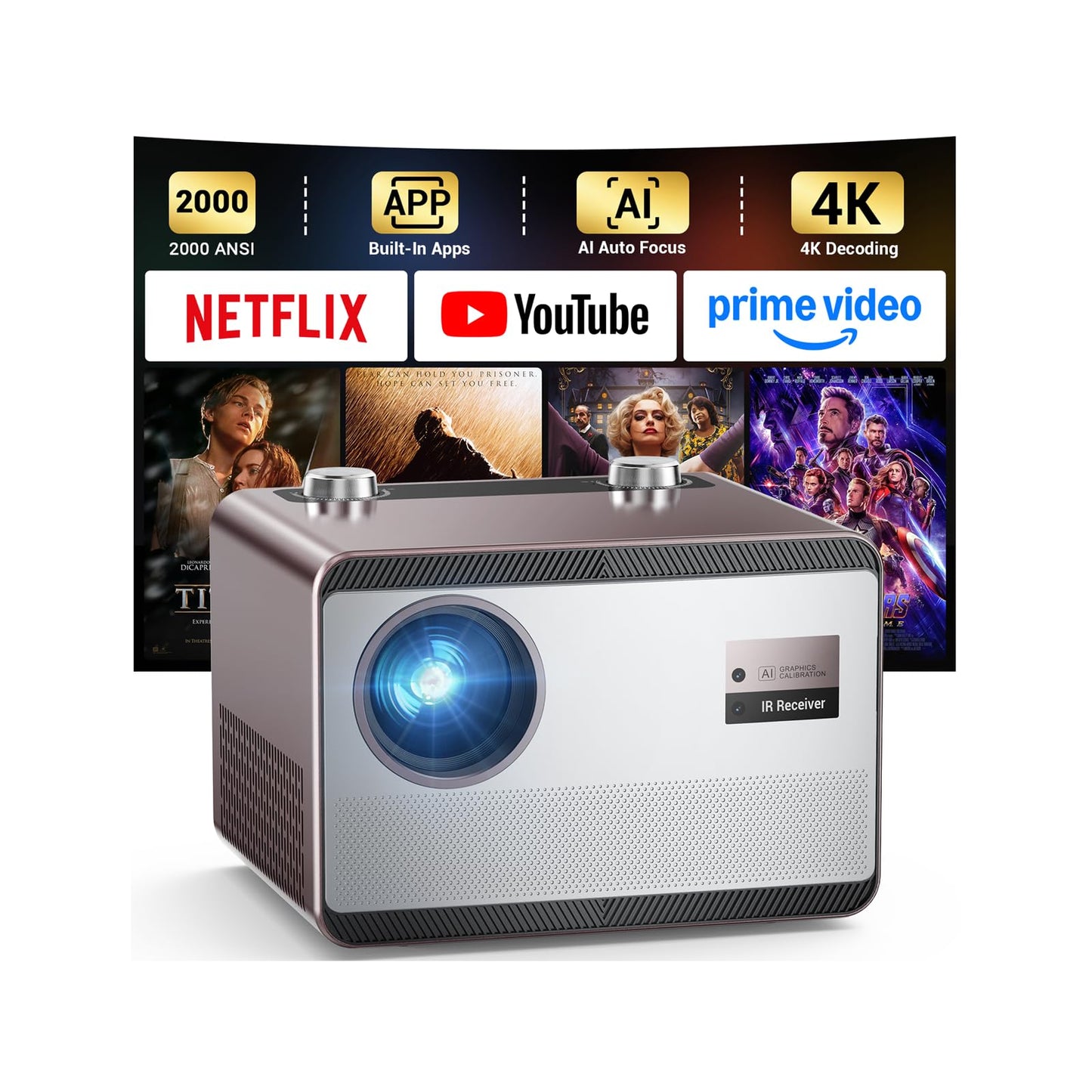 Projector 4K with WiFi and Bluetooth [2000 ANSI/AI Auto Focus/Built in Apps], Outdoor Movie Projector with Smart TV OS 2.0 & Dolby, HAPPRUN Home Theater Projector for Indoor/Outdoor Use