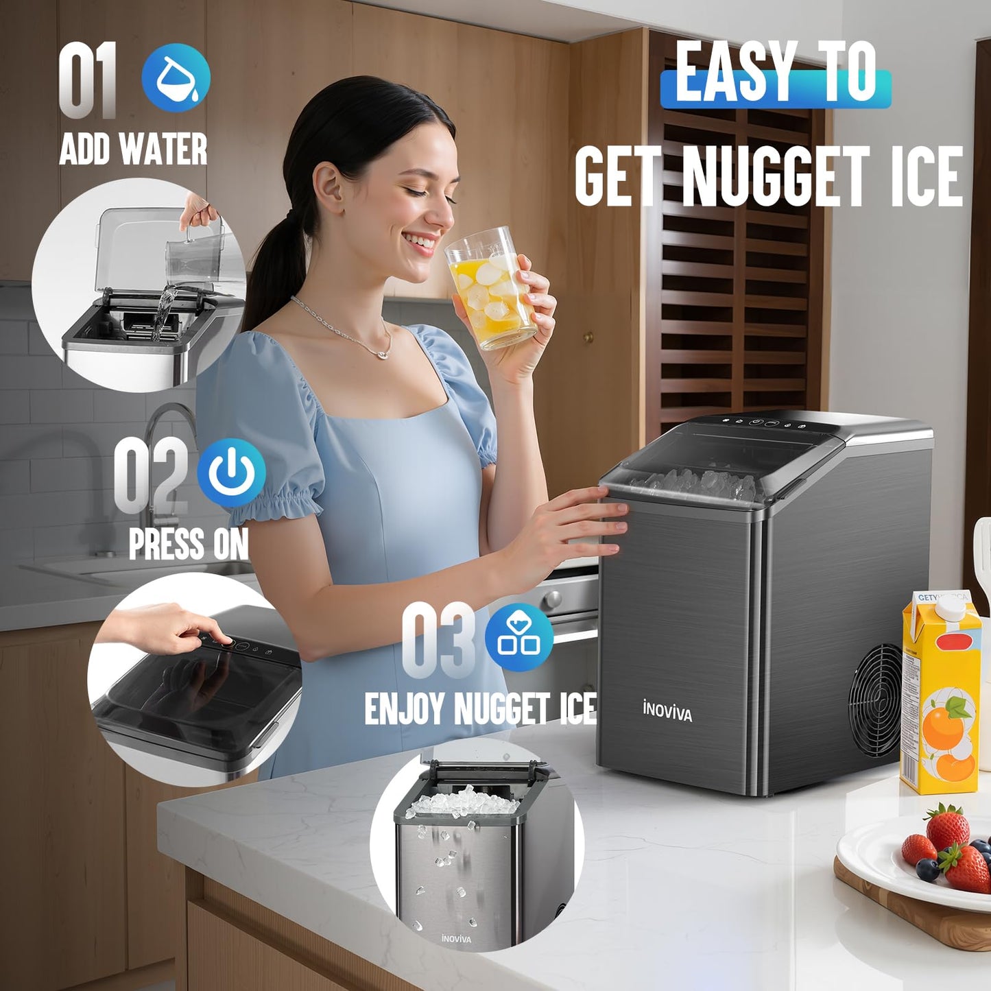 inoviva Nugget Ice Maker Countertop, 40lbs/24H Soft Chewable Pellet Ice Machine with Self-Cleaning, Sonic Ice Maker for Home Kitchen, Office - Black Stainless