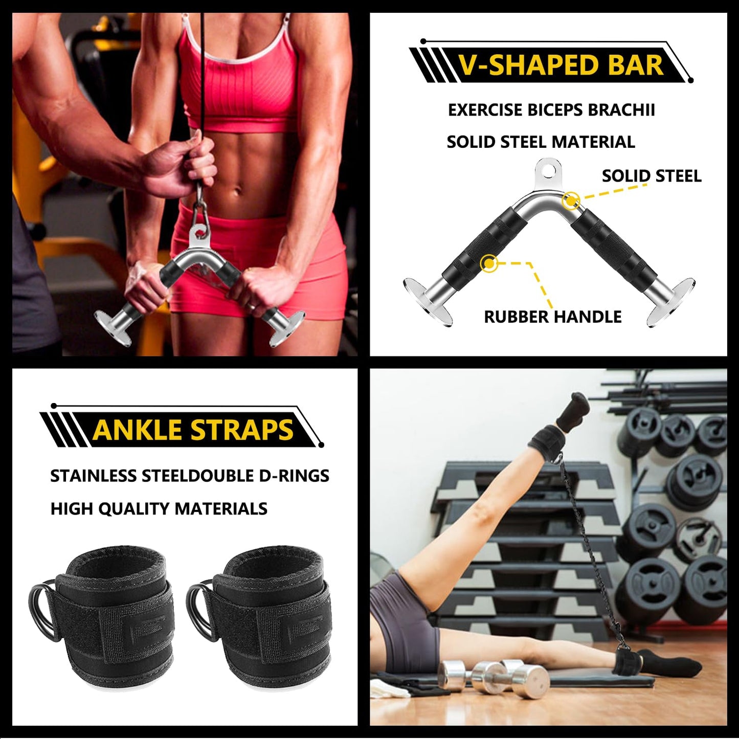 WNOEY 21 PCS Cable Attachments for Gym Set with Wide Grip LAT Pull Down Bar, LAT Pulldown Attachments, Cable Machine Attachment, Tricep Pull Down Attachment, Home Gym Accessories, White