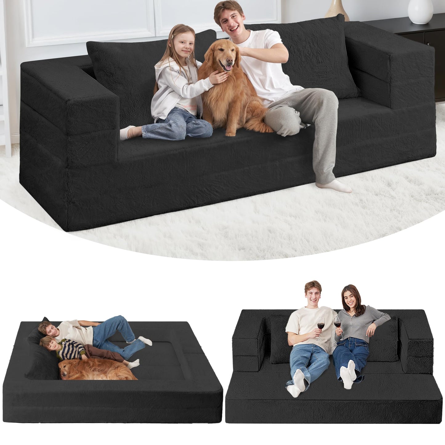 Cansunna Futon Sofa Bed with Pillow, 3-in-1 Sleeper Sofa Bed with Removable Cover, Convertible Floor Sofa Bed, No Assembly Boneless Couch for Living Room, Bedroom