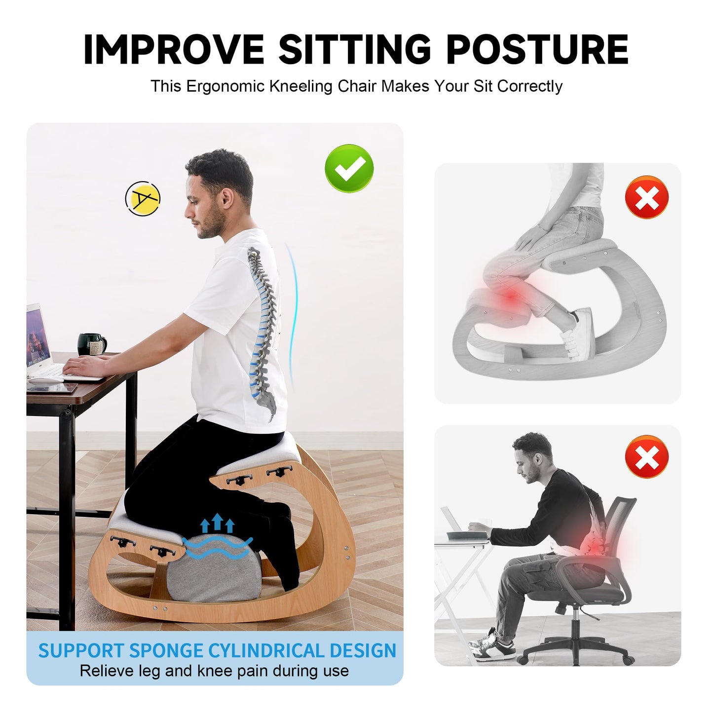 Adjustable Kneeling Chair, Wooden Ergonomic Chair Knee Chair Posture Chair - Improve Your Posture with an Angled Seat for Home,Office (Wood Color+ Pads)