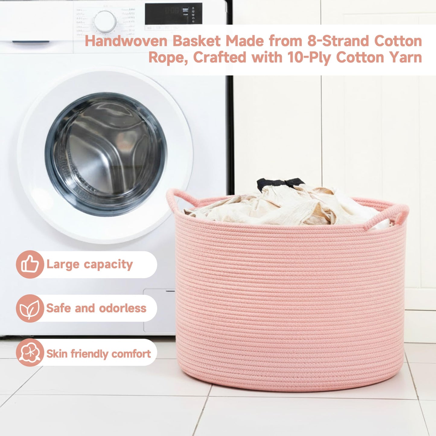 CLHMILY&Z Round Cotton Rope Storage Basket in Living Room, Bedroom, Laundry Room for Toy, Clothes, Blanket, Pillow (Pink, XLarge(14.2"x22"))