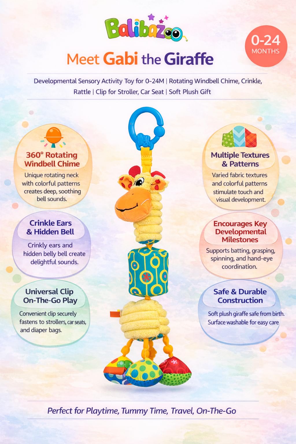 Balibazoo Gabi The Giraffe Hanging Baby Toy for 0-24M - 360° Rotating Neck | Deep Chime, Crinkle, Rattle, BPA-Free Material | Clip for Stroller, Car Seat | Soft Plush Sensory Newborn Gift