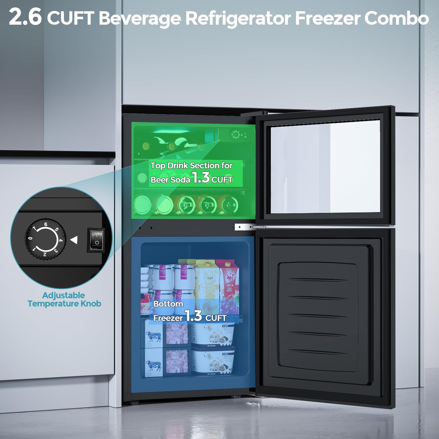 Electactic Beverage Refrigerator with Freezer, 2.6 Cu.Ft Compact Refrigerator, Reversible Door, Adjustable Thermostat, Mini Fridge for Bedroom, Office