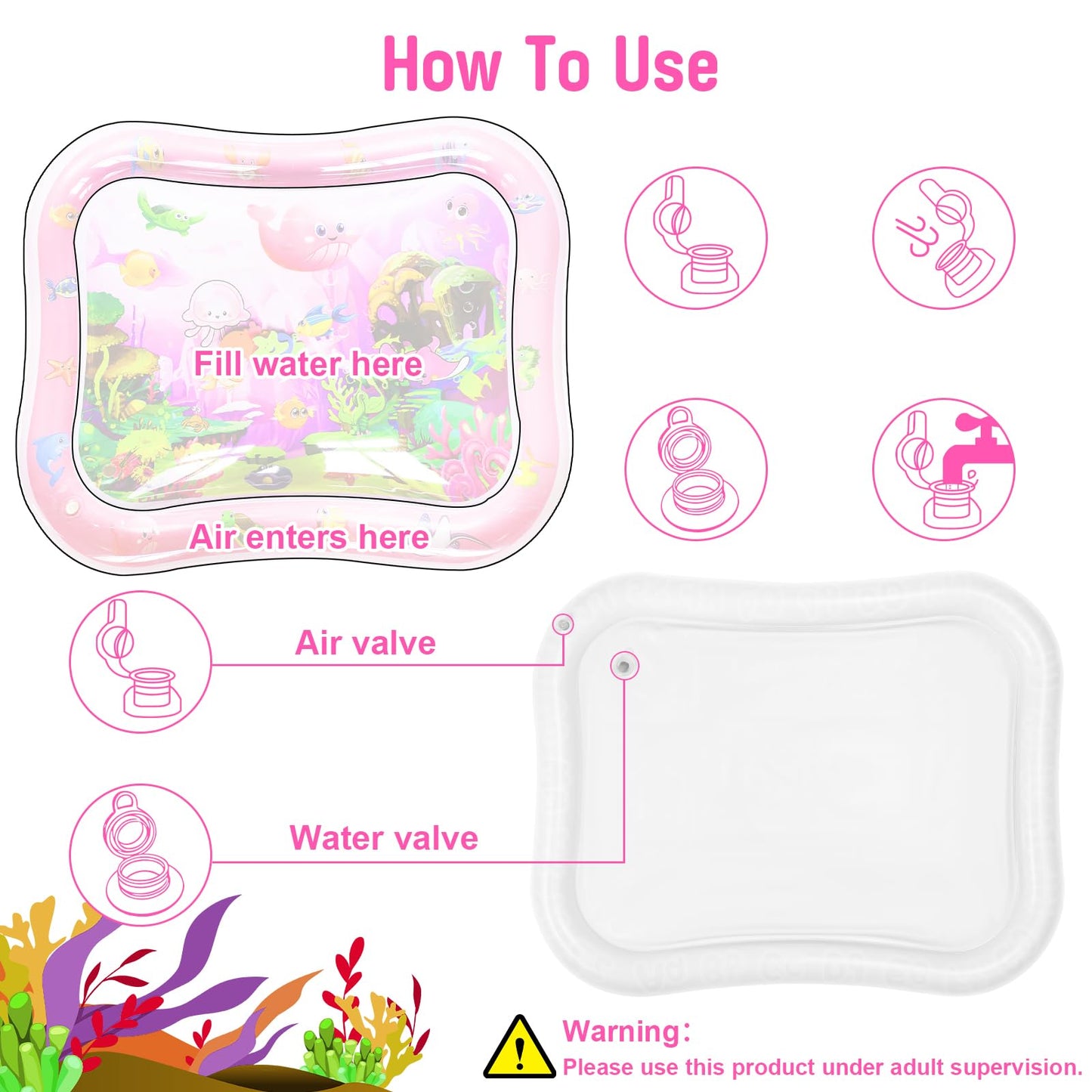 GARNHLOB Baby Water Mat Large 37.4"x29.9", Safe Inflatable Tummy Time Water Play Mat for Infants & Toddlers with Climate Pledge Friendly, Newborn Sensory Water Pad for Christmas Gift (Pink)