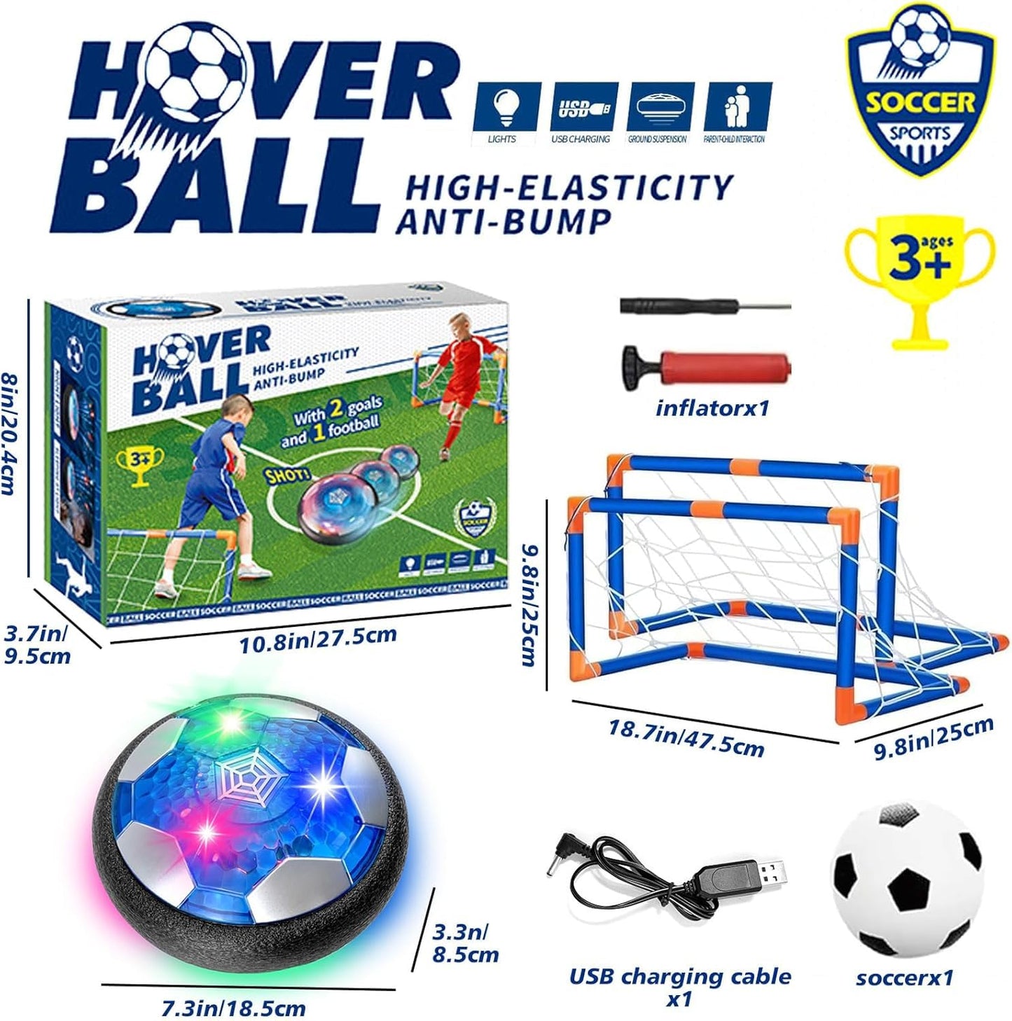 SHENSE Hover Soccer Ball Set, Indoor Soccer Ball 4 in 1 Rechargeable Air Power Soccer with LED Lights and Foam Bumper Protection Gifts for Boys Girls 3 4 5 6 7 8-12 Year Old Kids