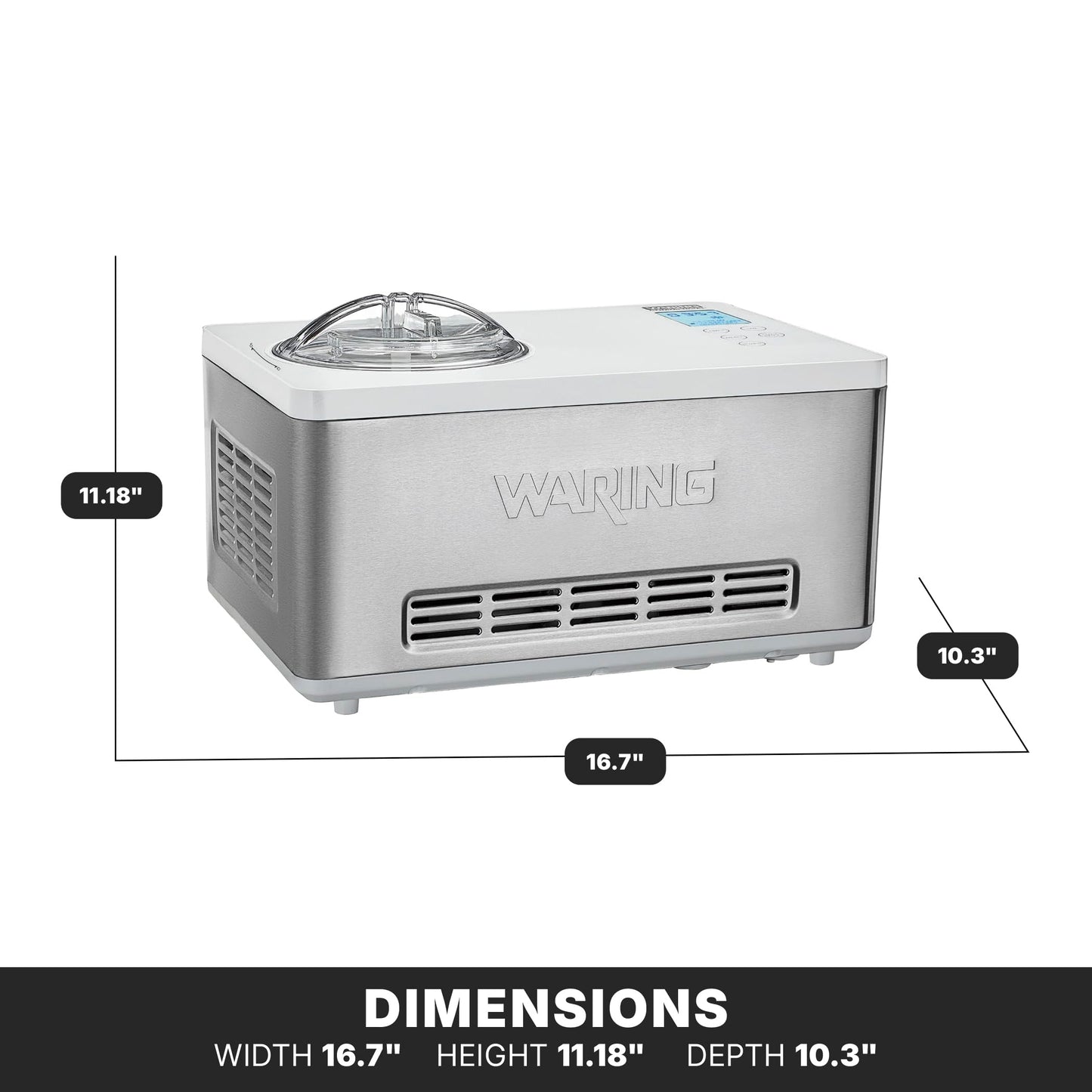 Waring Commercial WCIC20 2 Quart Capacity Ice Cream Maker with Built in Compressor, 180W, 120V, 5-15 Phase Plug