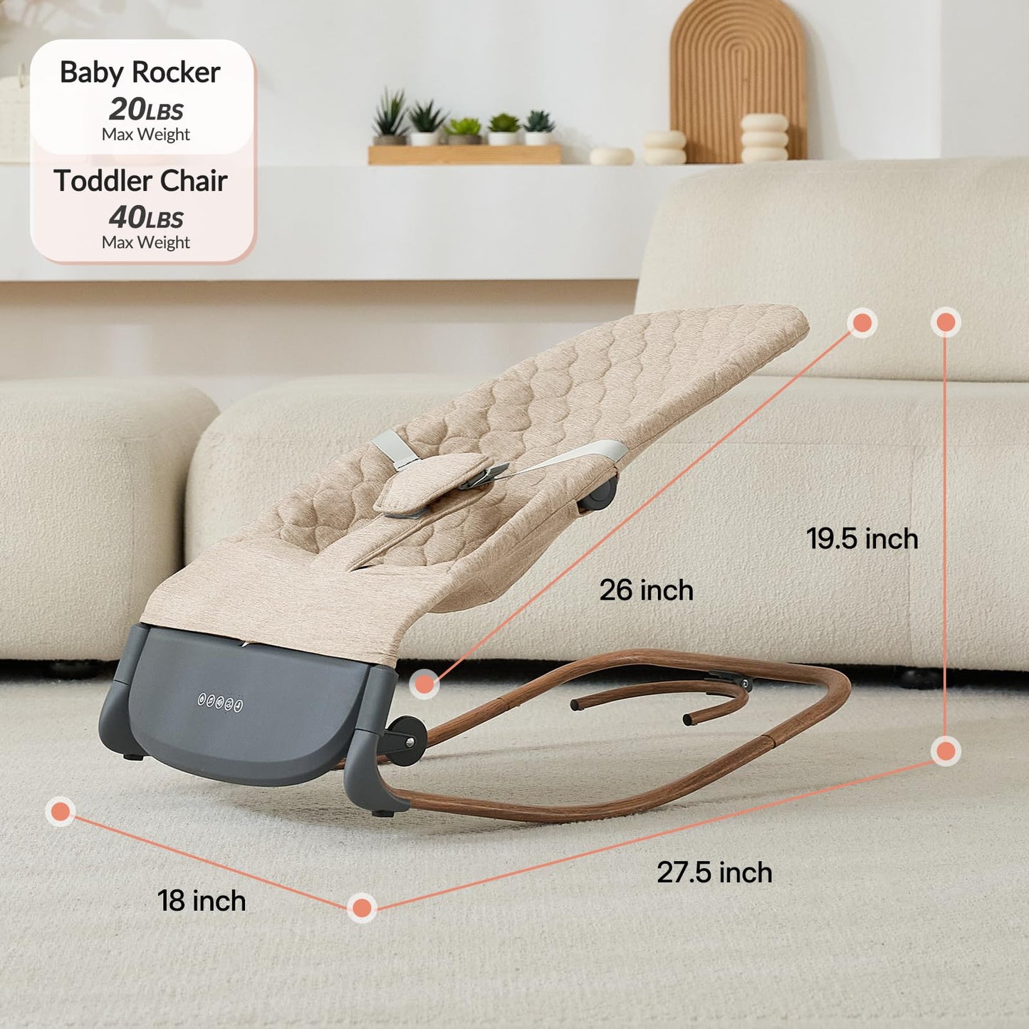 VaVaSoo Electric Baby Rocker to Toddler Chair, Automatic Motion with Smart Touch-Start, 3-Level Recline & 8 Melodies, Portable Infant Seat up to 40lbs, ASTM Certified (Battery Type-C Powered)