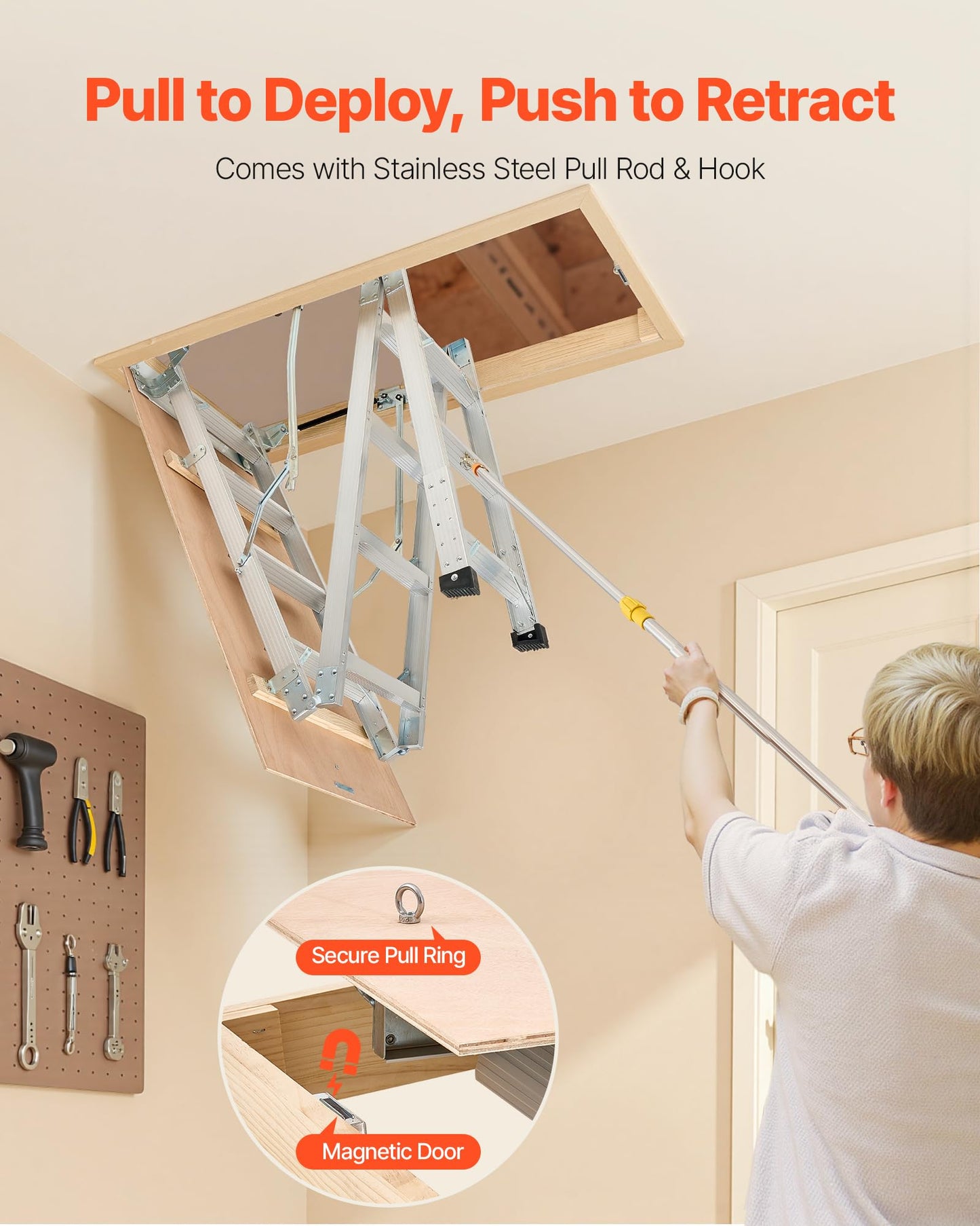 VEVOR Attic Ladder, 375LBS Capacity, 9.8 to 10.3 ft Height Adjustable, Multi-Purpose Foldable Aluminium Attic Stairs, Fits 7.66 to 10.25 ft Ceiling Heights for Convenient Access