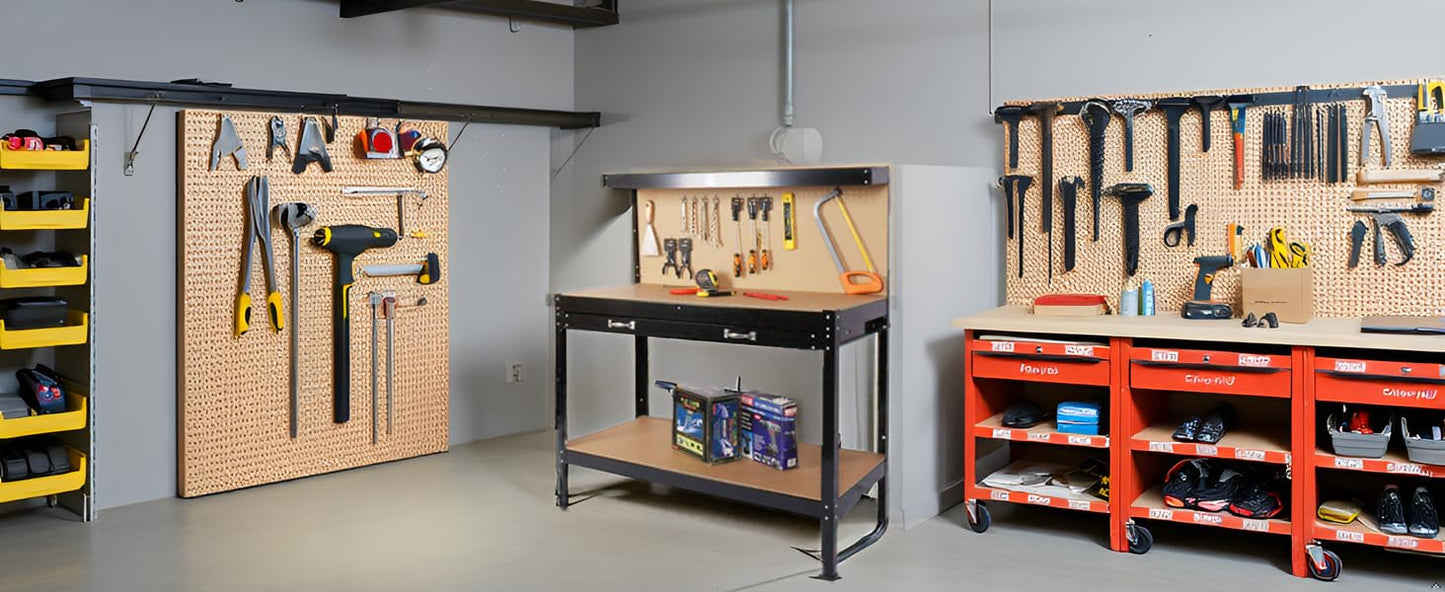 63" Heavy-Duty Steel Workbench with Drawer & Pegboard, Tool Storage Table for Garage, Workshop, and DIY Projects