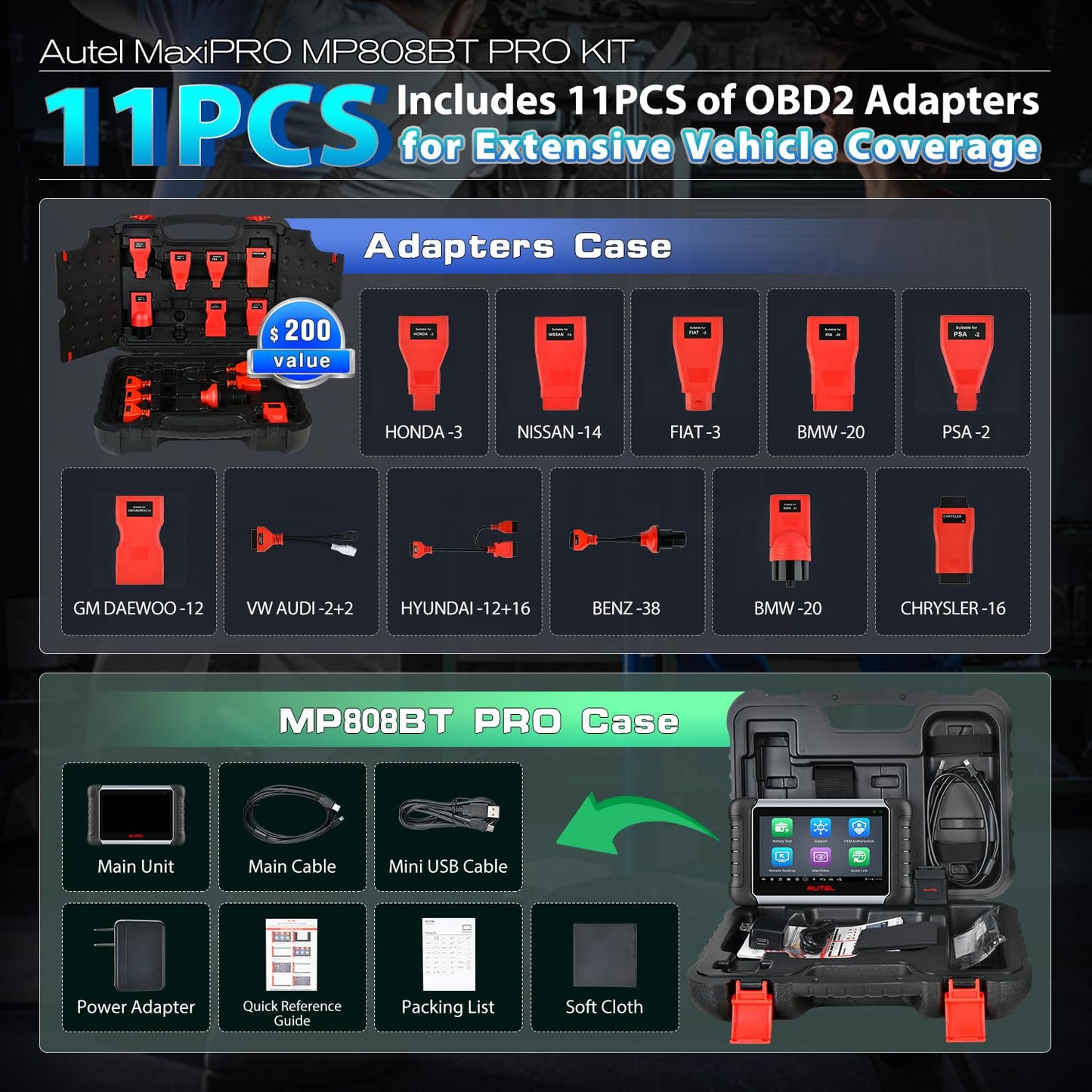 2026 Autel Scanner MaxiPRO MP808BT PRO KIT, 2 Years Update with 11PCS OBD Adapters, Function as MaxiSYS MS906 PRO MS906MAX, Up of MS906BT MK900BT MK900, Bidirectional 3000+Test, 30+ Services, FCA