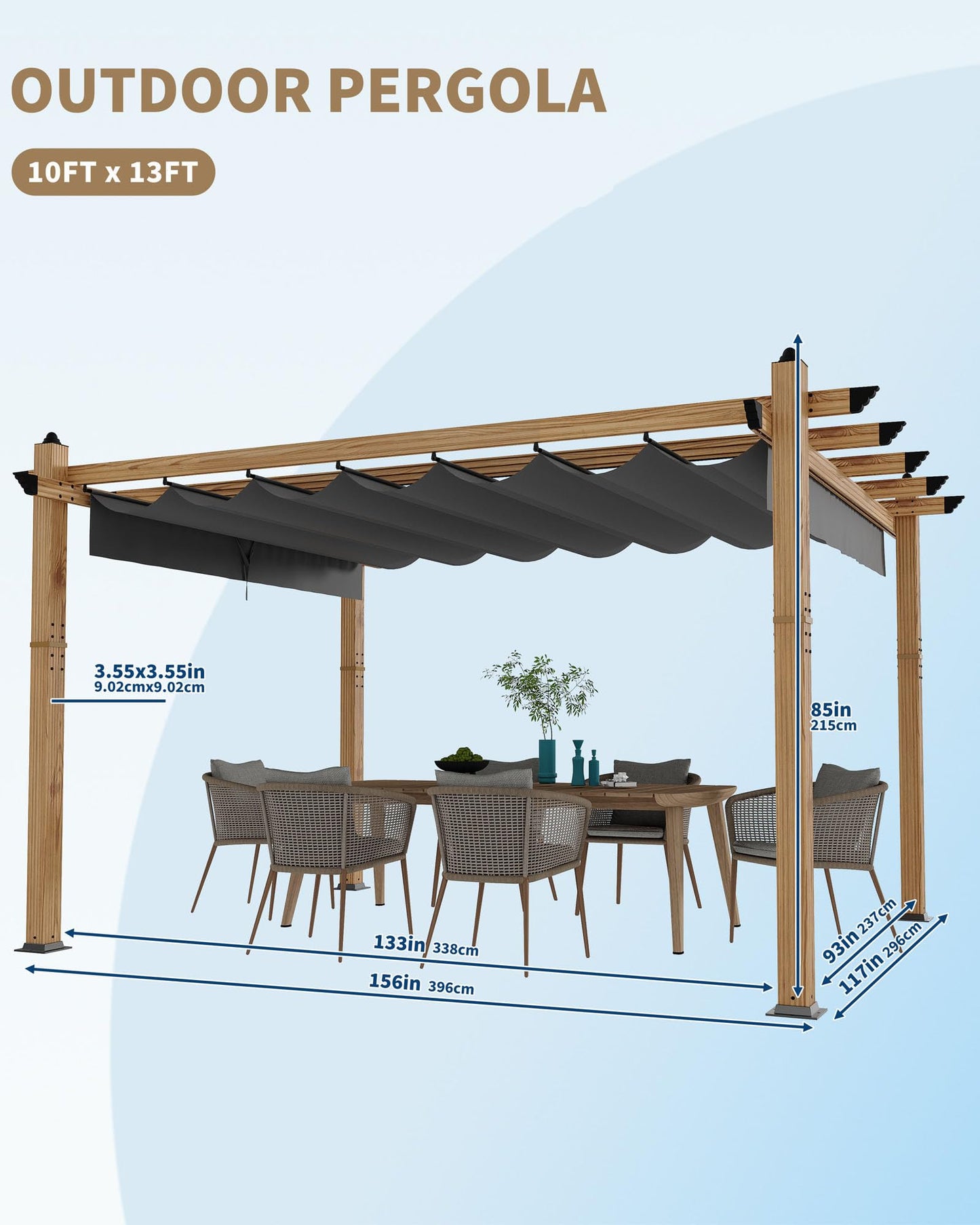 KYBOLT 10x13 Ft Outdoor Pergola with Retractable Canopy Upgraded Aluminum Imitation Wood Grain Metal Patio Pergola for Modern Backyard Deck Porch Grape Trellis(Gray)