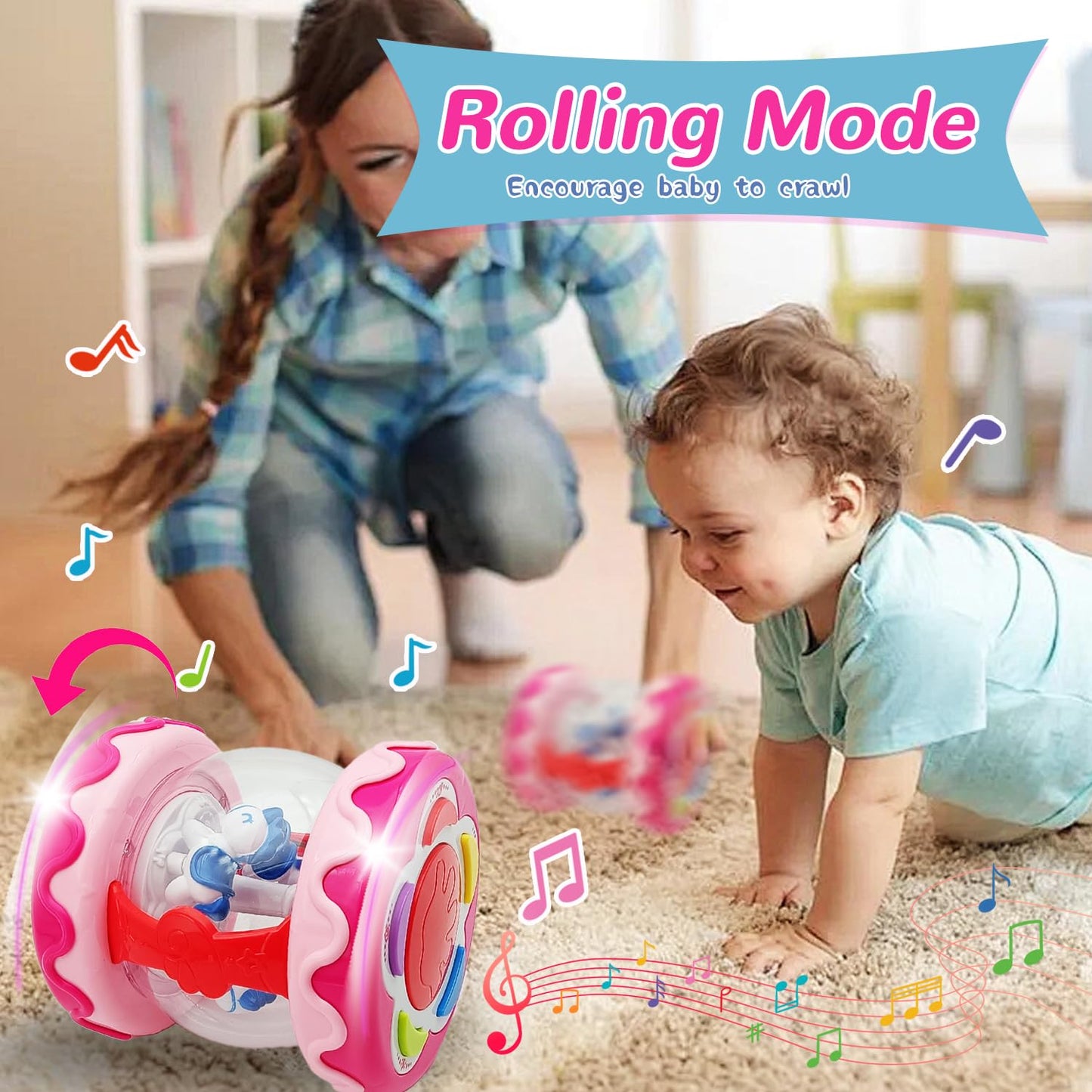 LDRYWW Baby Girl Toys 18+ Months Hand Drum Rotating Musical Light Up Sensory Activity Crawling Toys 2 3+ Year Old Infant Girls Baby Gifts (Pink)