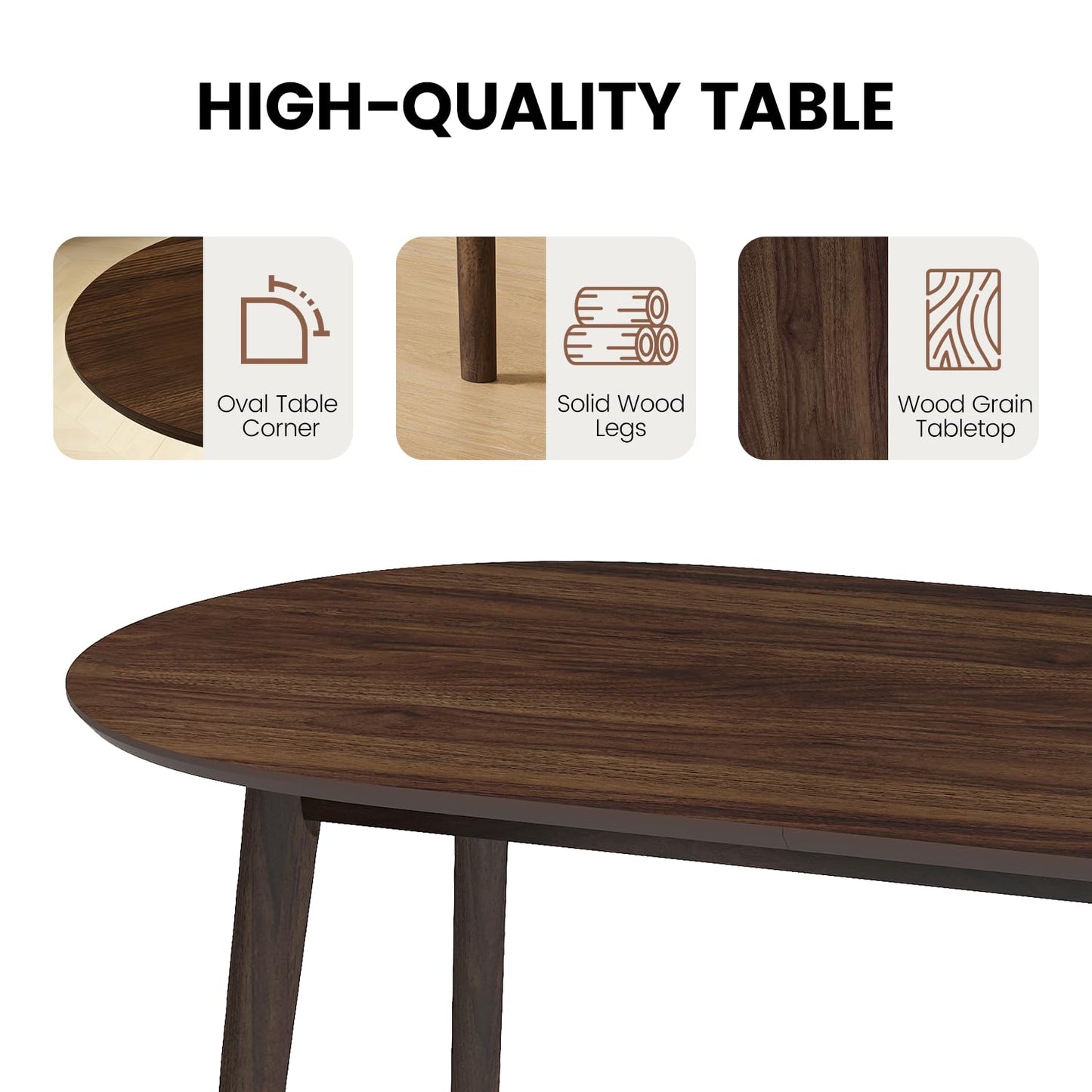63" Oval Dining Table Set for 4, 5 Piece Modern Dining Table Set for Kitchen and Dining Room, Solid Wood Legs Dining Table with 4 Checkered PU Leather Dining Chairs（Walnut Table+4 Brown Chairs)