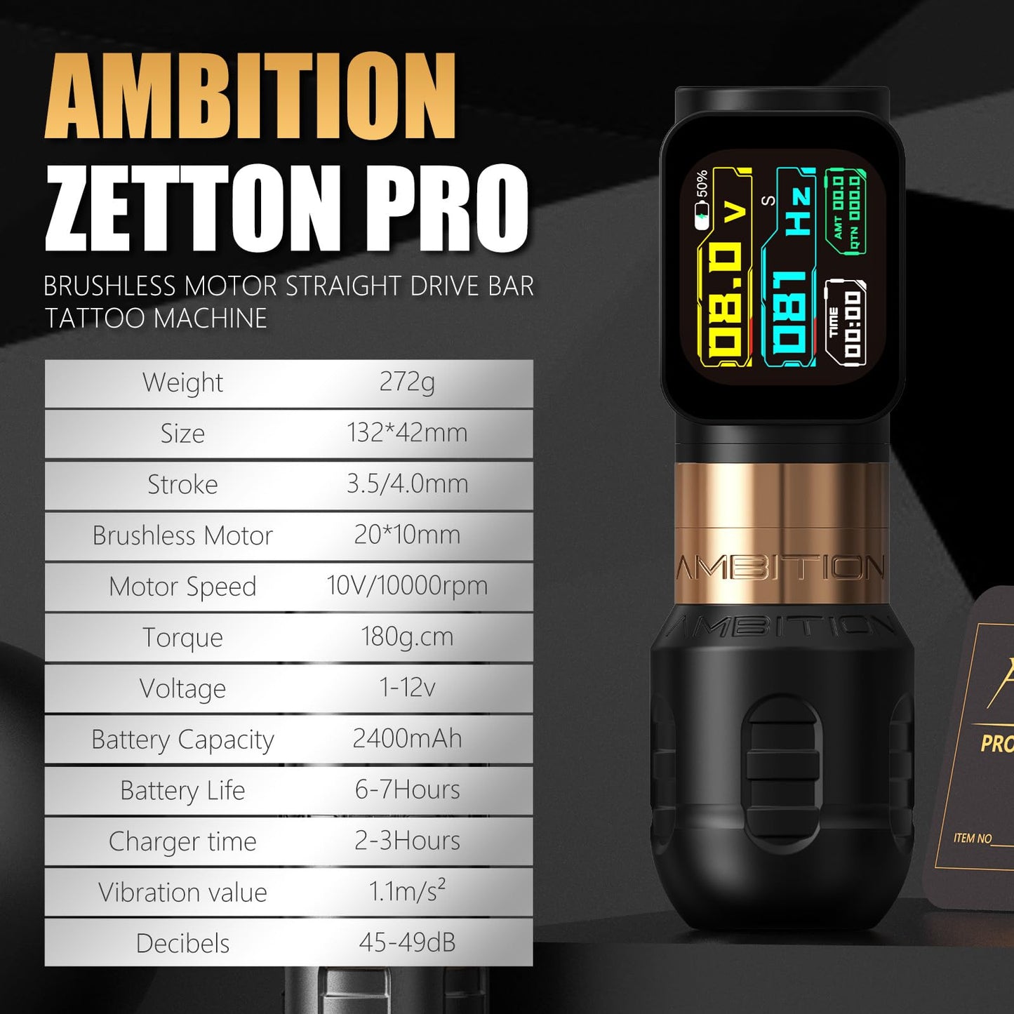 Ambition Zetton Pro Tattoo Gun Rotary Tattoo Pen Machine Wireless 2400mAh Battery with Large-screen Display Brushless Motor Straight Drive Bar 42mm Grip Tattoo Supply for Professional Artists