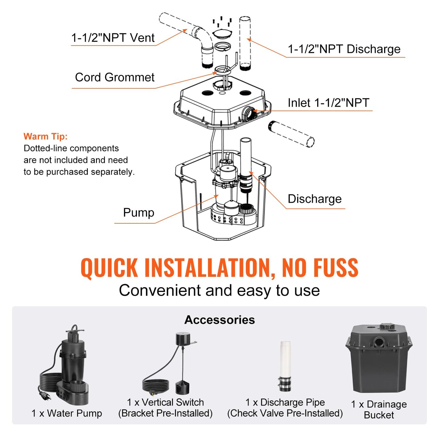 VEVOR Utility Sump Pump, 1/2 HP, 120-Volt, 3500 GPH Flow, 28 ft Head, Under-Sink System with 6 Gallon Basin, Automatic Utility/Laundry Pump, Drain Pump with 1-1/2" NPT Outlet, Black