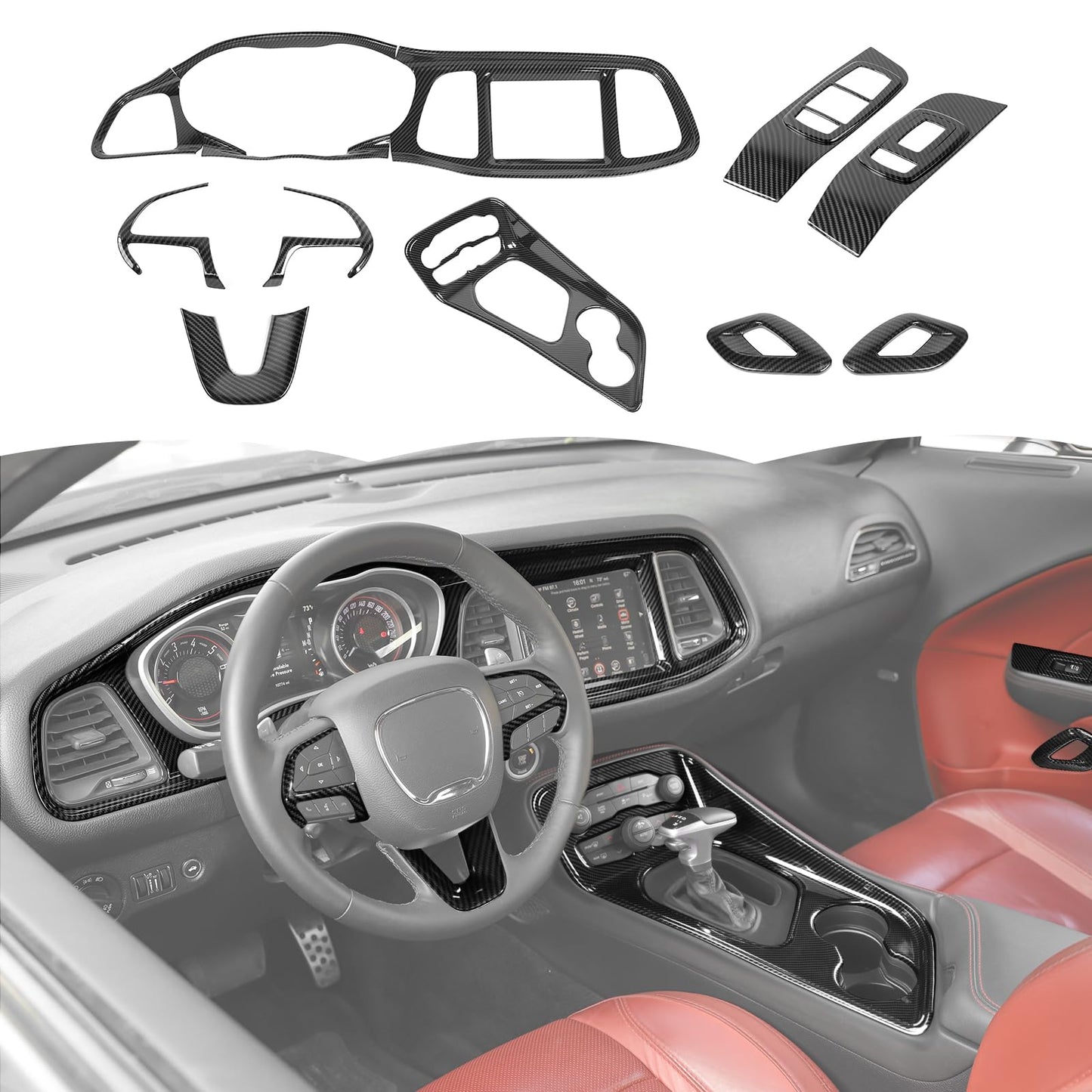 RT-TCZ Carbon Fiber Interior Trim Kit Cover Center Console Decoration Accessories for Dodge Challenger 2015-2025,13PCS