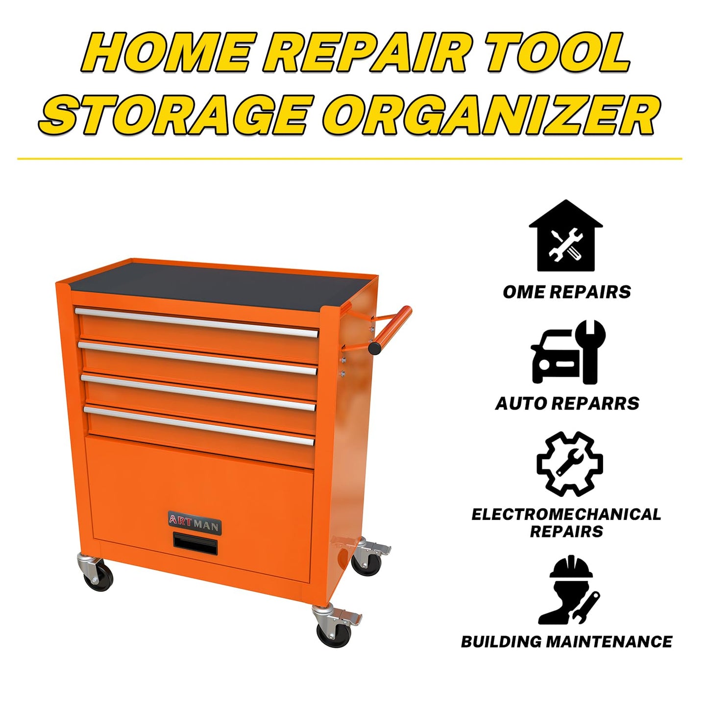 4-Drawer Heavy-Duty Rolling Tool Chest with Wheels, Steel Storage Organizer Cart with Handle, Metal Tool Cabinet for Garage, Workshop, and Repair Shop