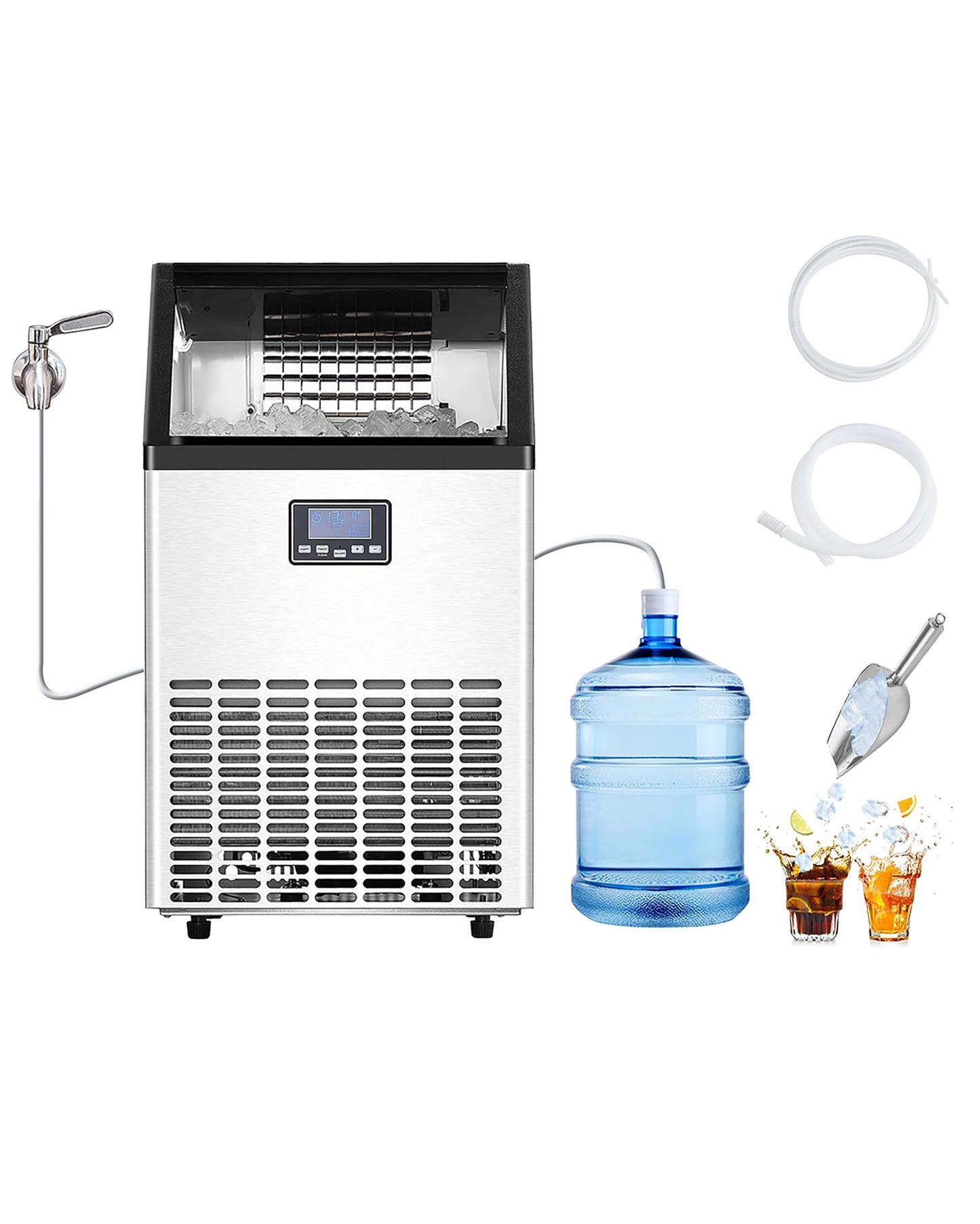 VEVOR 150lb/24h Commercial Ice Maker with 2 Water Inlets 45 Ice Cubes in 15 Minutes 33lb Capacity for Bar Office Restaurant with LED Digital Display and Self-Cleaning