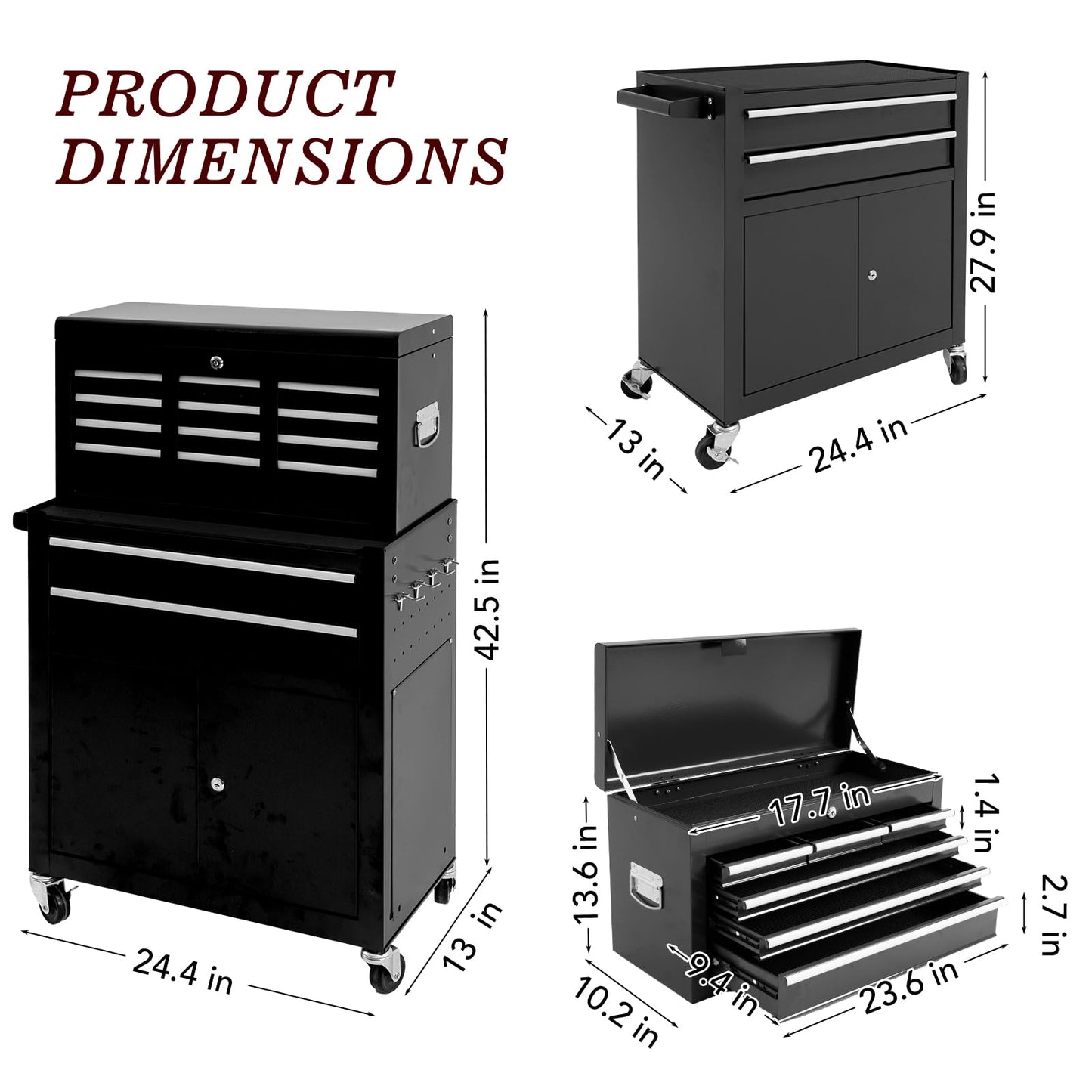 WAYTRIM 8-Drawer Rolling Tool Chest, Tool Storage Cabinet, Detachable Organizer Combo, Side Hooks & Drawer Liners, w/Wheels Lock & Key, Tool Storage Organizer Box for Garage, Repair Shop (Black)