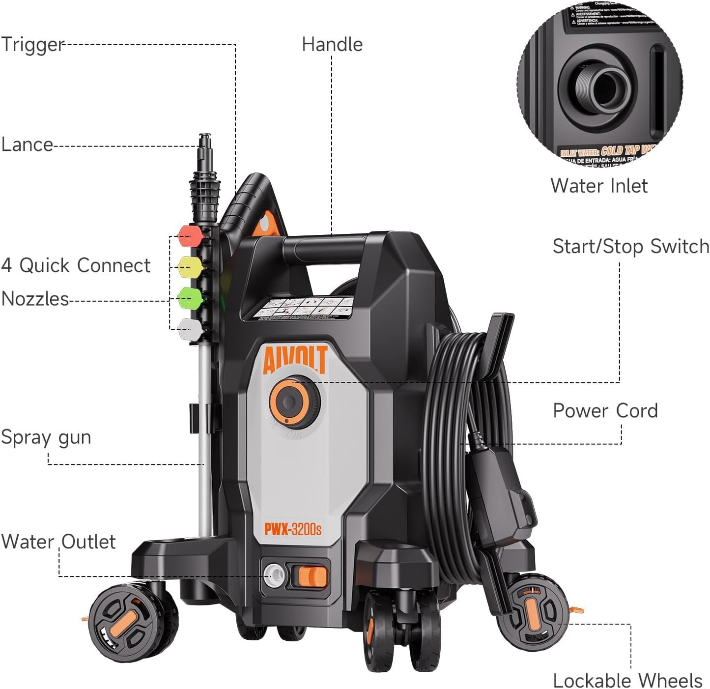 AIVOLT Pressure Washer, Power Washer with 4 Quick Connect Nozzles, High Pressure Cleaning Machine with Foam Cannon for Cars/Fences/Driveways/Patios/Home Cleaning
