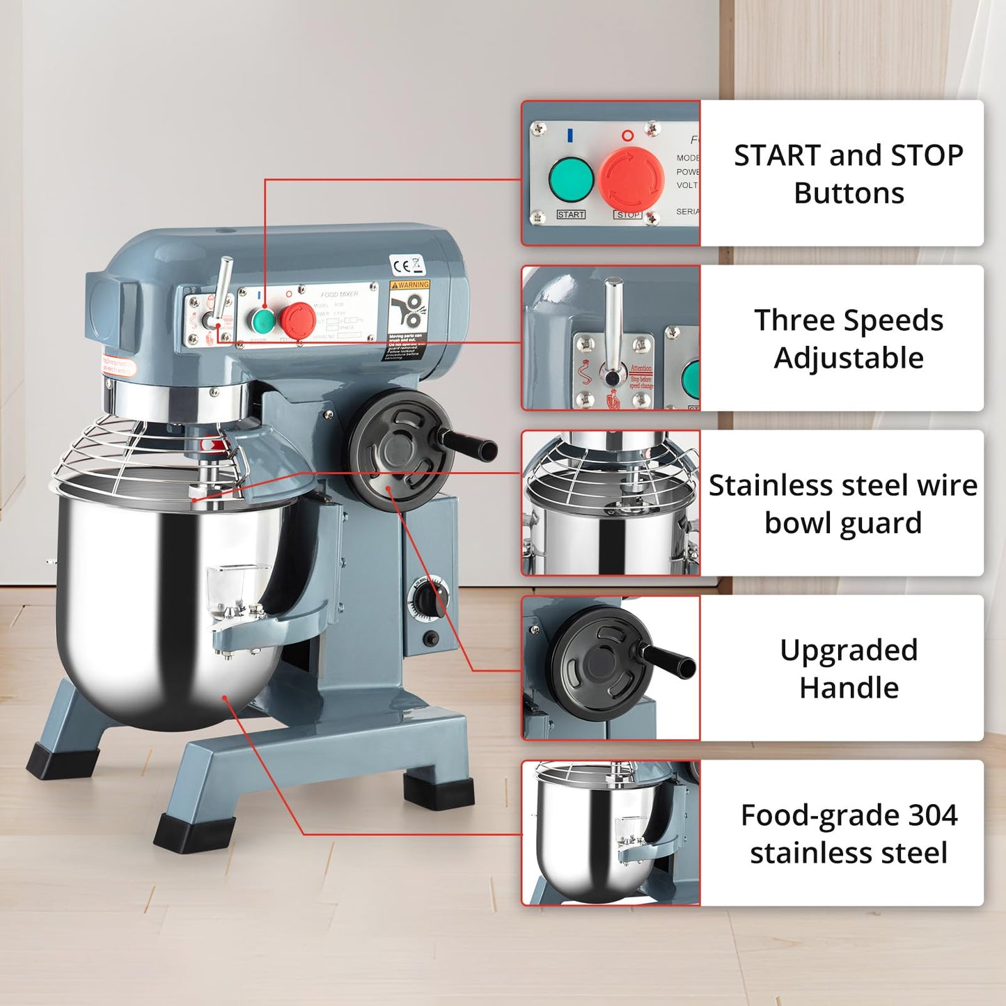 Towallmark Commercial Food Mixer, Commercial Mixer 15QT 600W with Stainless Steel Bowl, 130/233/415RPM 3 Speed Heavy Duty Stand Food Mixer Commercial for Bakery Pizzeria Restaurant