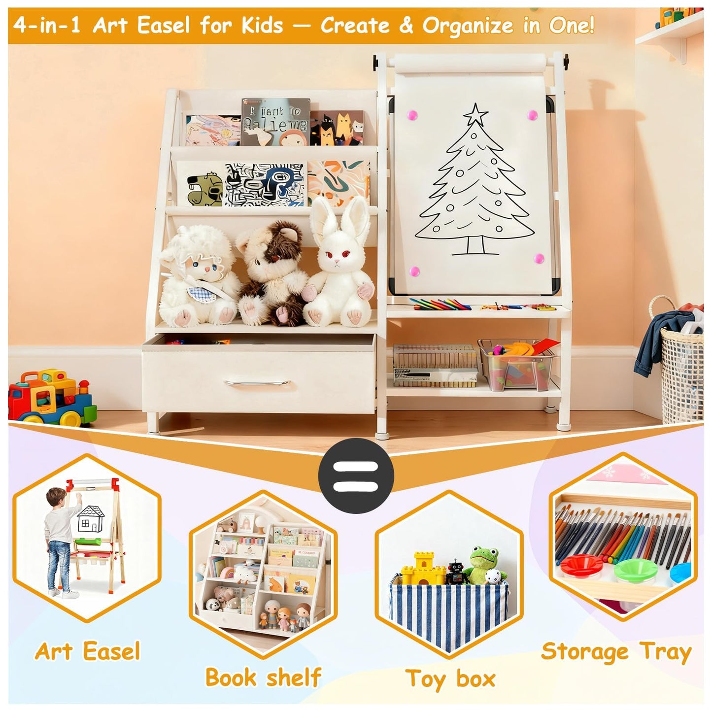 Faesun 4-in-1 Art Easel for Toddlers with Bookshelf and Toy Organizer, Kids Drawing Easel with Paper Roll & Magnetic Whiteboard, Birthday Gift for Ages 2–8, Boys & Girls
