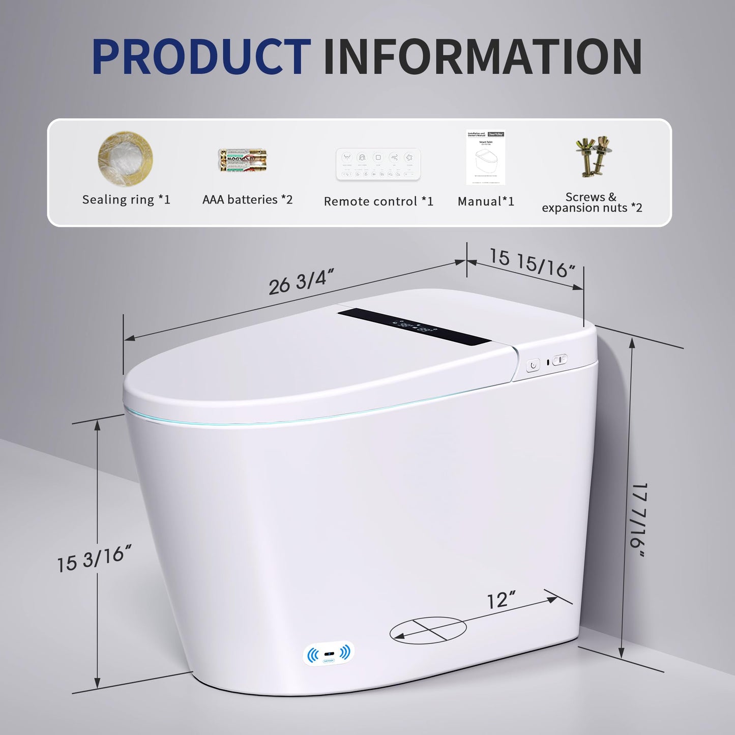 DeerValley Smart Toilet with Bidet Built in - Powerful Auto Flush, Auto Open/Close Lid, Heated Seat & Instant Warm Water Bidet, LED Display, Deodorization, 12" Rough-In, DV-1S0159-V3