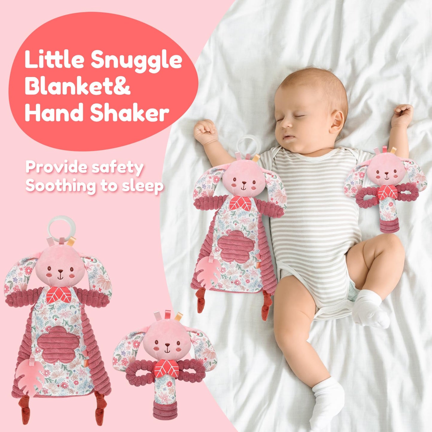 GKDOMS Baby Lovey Rabbit Stuffed Animal for Infant Boys and Girls, Security Blanket and Hand Shaker Set Newborn Stuffed Hanging Animal Plush Snuggle Toy Baby Showers Thank You Gifts