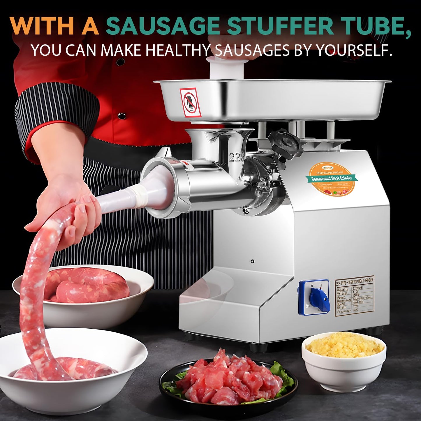 Newhai 1.5HP Commercial Meat Grinder #22 Heavy Duty Meat Grinding Machine 1100W Meat Mincer with 3/6/8mm Grinding Plates 110V US for Beef Pork Chicken Soft Bone