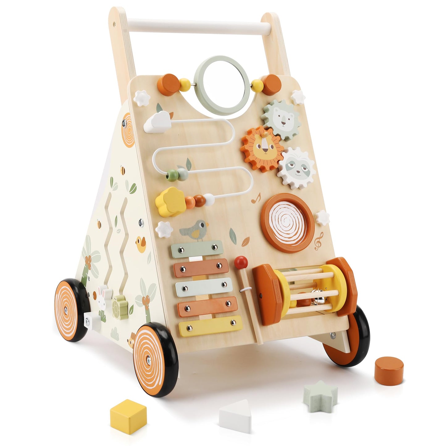 Pithfor Wooden Baby Walker, Baby Push Walker with Activity Center for Girls Boys, Montessori Push Walker Toys for Babies Learning to Walk, Sit-to-Stand, for 10-12 Months 1 2 3 Years Old