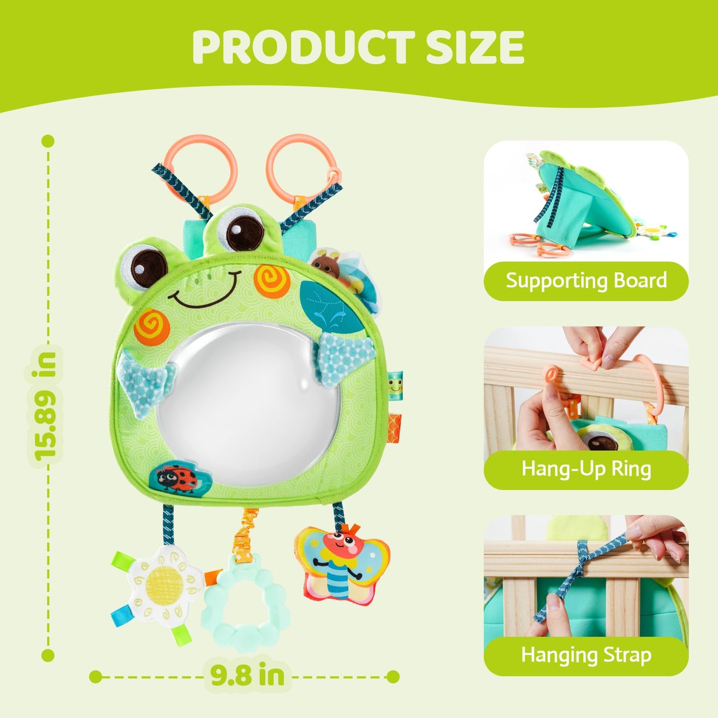 Jollybaby Car Seat Crib Stroller Play Gym Hanging Toy for Baby 0-3-6-12 Months, Tummy Time Mirror Toys Gifts for Newborn Infants, Carseat Travel Toy for Road Trip - Frog