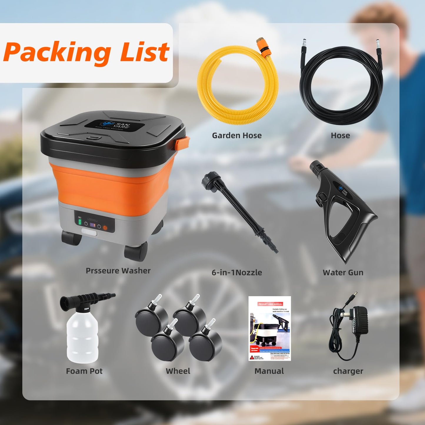 Cordless Pressure Washer w/3.5Gal Tank with Universal Wheel 6-in-1 Nozzle, Max 620PSI, 16.4FT Hose, 20000mAh Lithium Battery, Fold Portable Washer for Camping, Pet Cleaning,Watering The Flowers