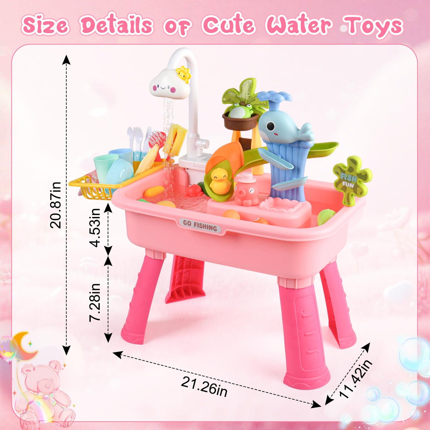AZTWMYS Upgraded Toddler Sand Water Table Toy with Electric Water Pump, Kids Sand Water with Faucet/Play Food Accessories/Fishing Toy, Kitchen Play Sink Toys for Girl Boy Age 3+ (Pink)