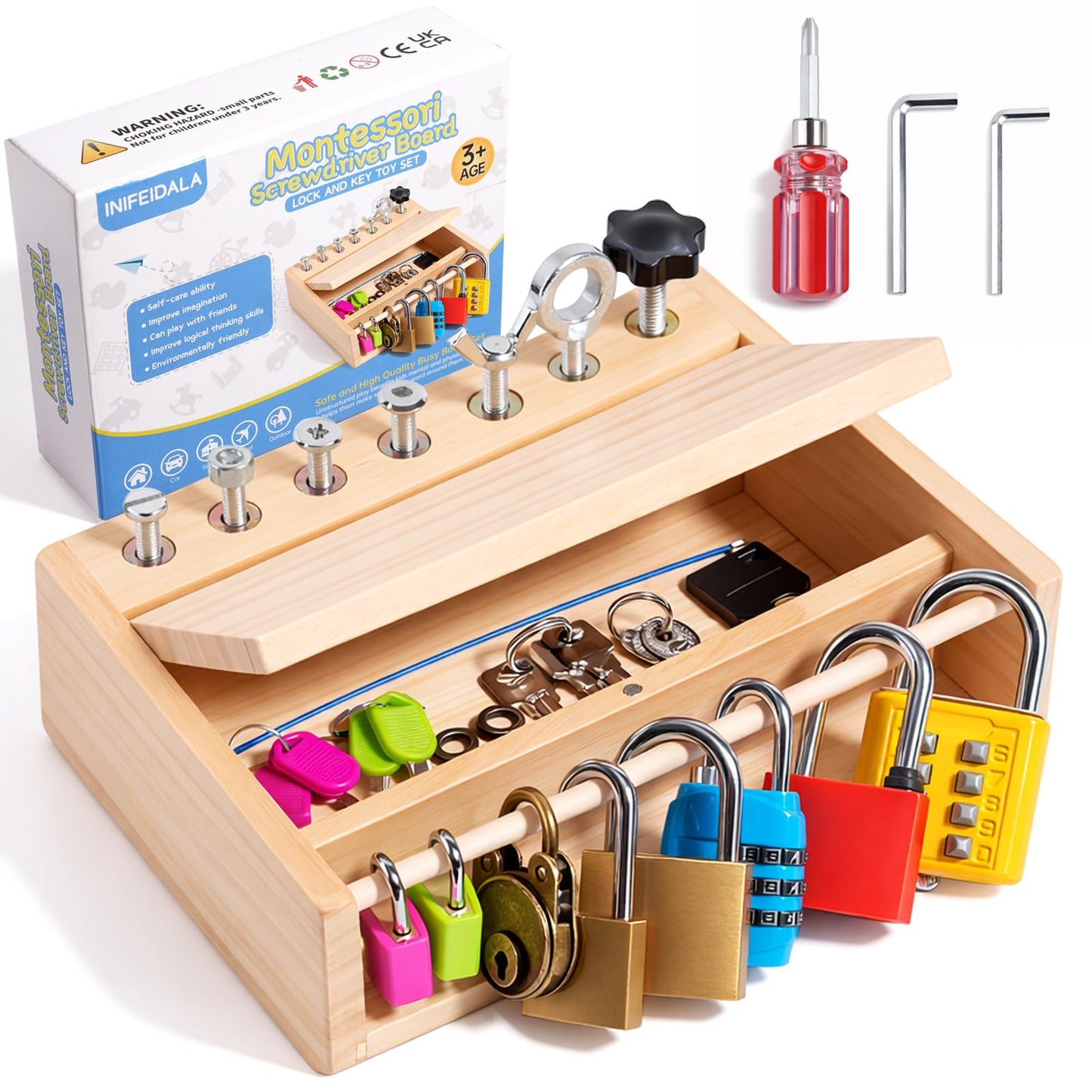 INIFEIDALA Montessori Toys for 3 4 5 Year Old,Montessori Screwdriver Board Set-Lock and Key Toy,Kids Tool Set,Preschool Learning Sensory Activities - Fine Motor Skills - STEM Toys