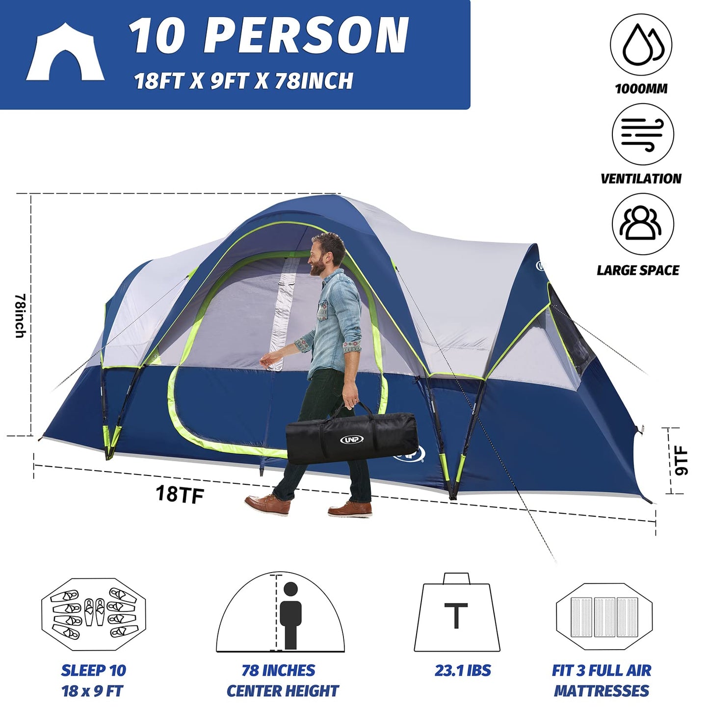 UNP Camping Tent 10-Person-Family Tents, Parties, Music Festival Tent, Big, Easy Up, 5 Large Mesh Windows, Double Layer, 2 Room, Waterproof, Weather Resistant, 18ft x 9ft x78in (Dark Blue)