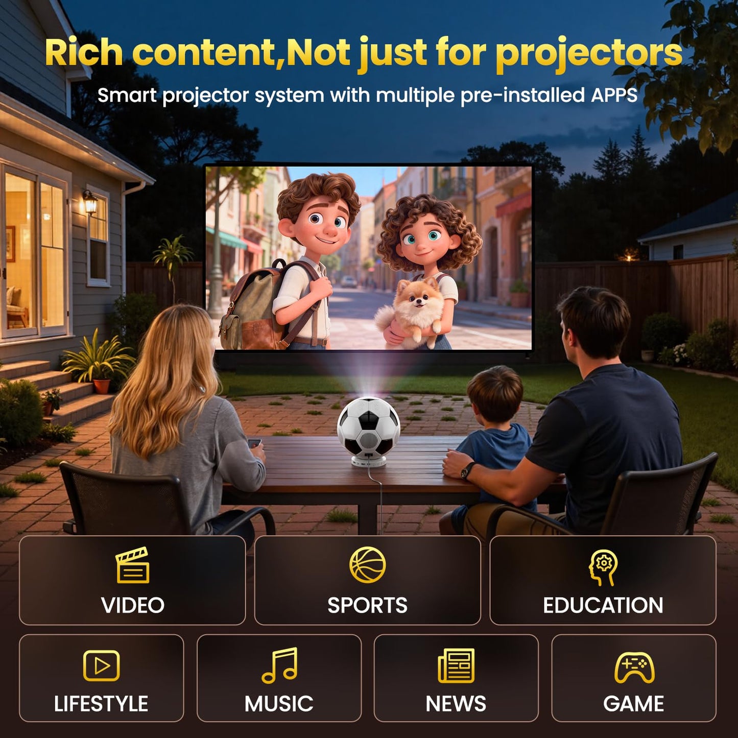 2026 New 4K Projector with WiFi and Bluetooth, Built-in Apps Movie with Auto Electric Focus & Keystone,soccer led Proyector with speaker for Indoor/Outdoor, Compatible with Phone/TV Stick/PC/PS5