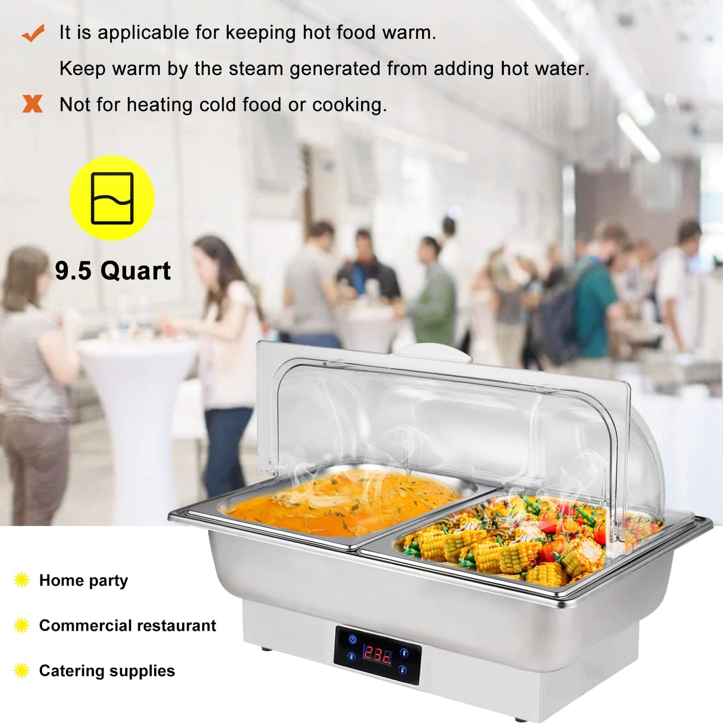 YMJOINMX Roll Top Chef Chafing Dish Buffet Set 2 Pan Food Warmer Buffet Servers and Warmers Digital Display Temperature Warming Tray Bain Marie Food Warmer for Parties Commercial Food Steam Table