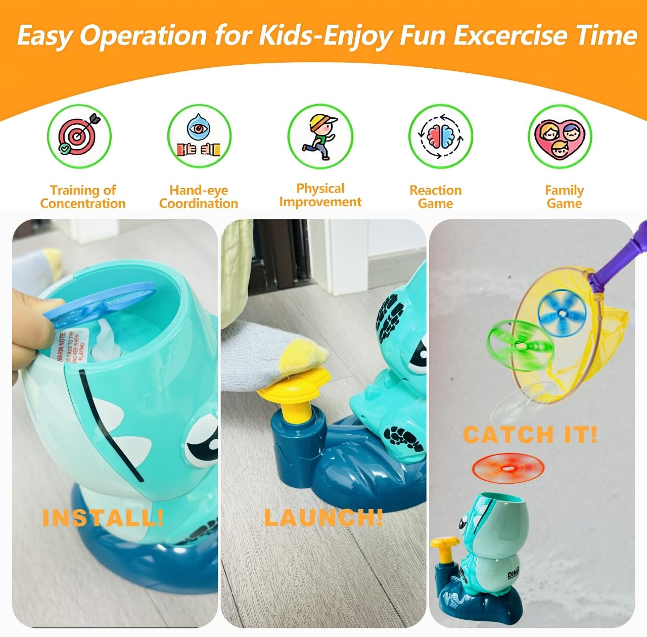 Dinosaur Flying Disc Launcher Toy – Kids Outdoor Toys for Boys & Girls Ages 3-8, Fun Press & Launch Game with 8 Discs & Catch Net, Active Yard Toys & Outside Play Toys