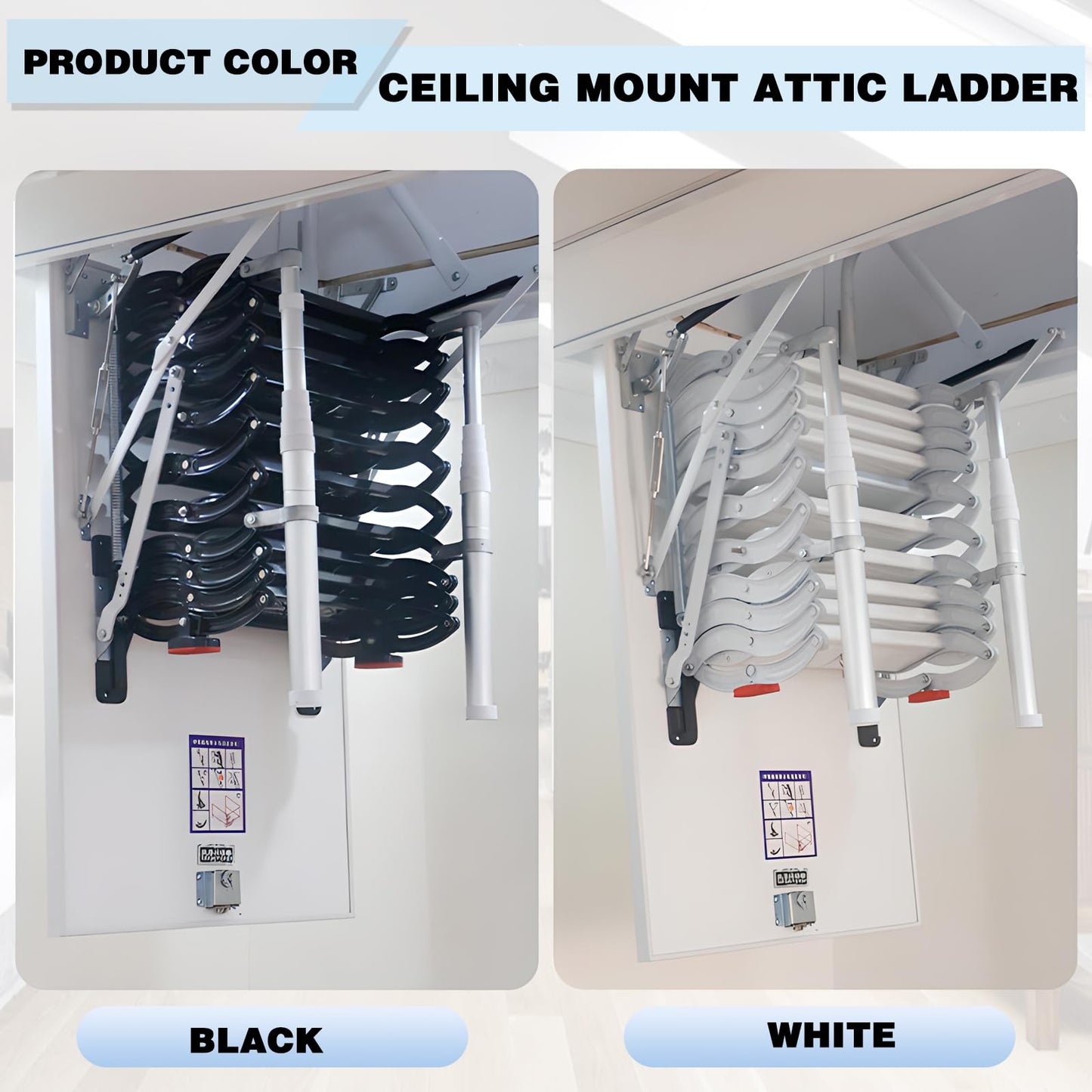 12 Steps Ceiling Mounted Attic Ladder, Retractable Pull Down System Attic Stairs, Telescopic Loft Stairs with Pull Rod, Ceiling Folding Loft Ladder with Handrail for Basement (White, Steps 12)