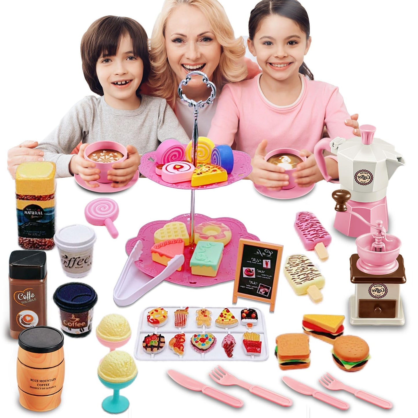 GIFTRRTOY Pretend Tea Party Set for Little Girls, 48 PCS Coffee Maker Set and Play Food Dessert Set for Kids Age 3 4 5 6 7 8 9, Kids Kitchen Pretend Play for Princess Girls Boys(Pink)
