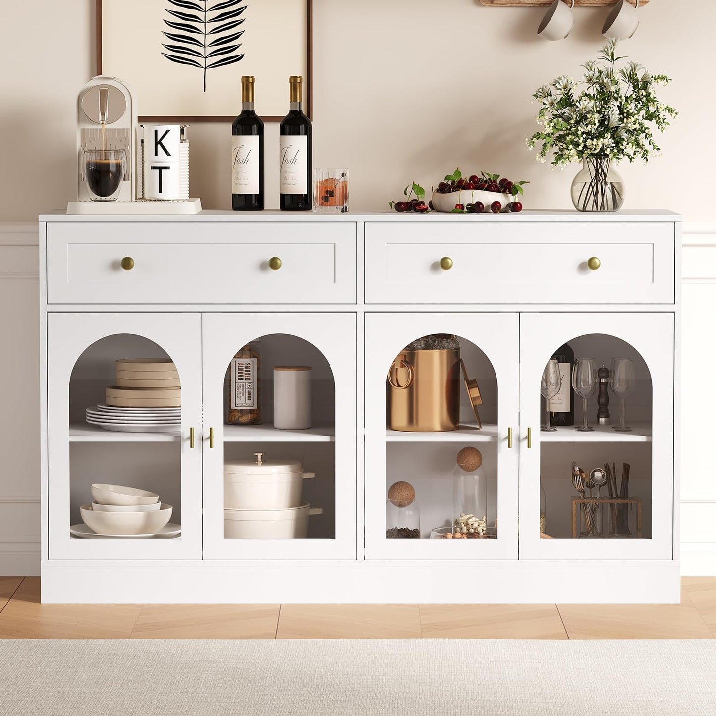 55" Farmhouse Sideboard Buffet Cabinet with Storage, Large Glass Display Cabinet Console Coffee Bar Buffet Table with 2 Drawers & Acrylic Doors for Kitchen, Dining Room, Living Room, White