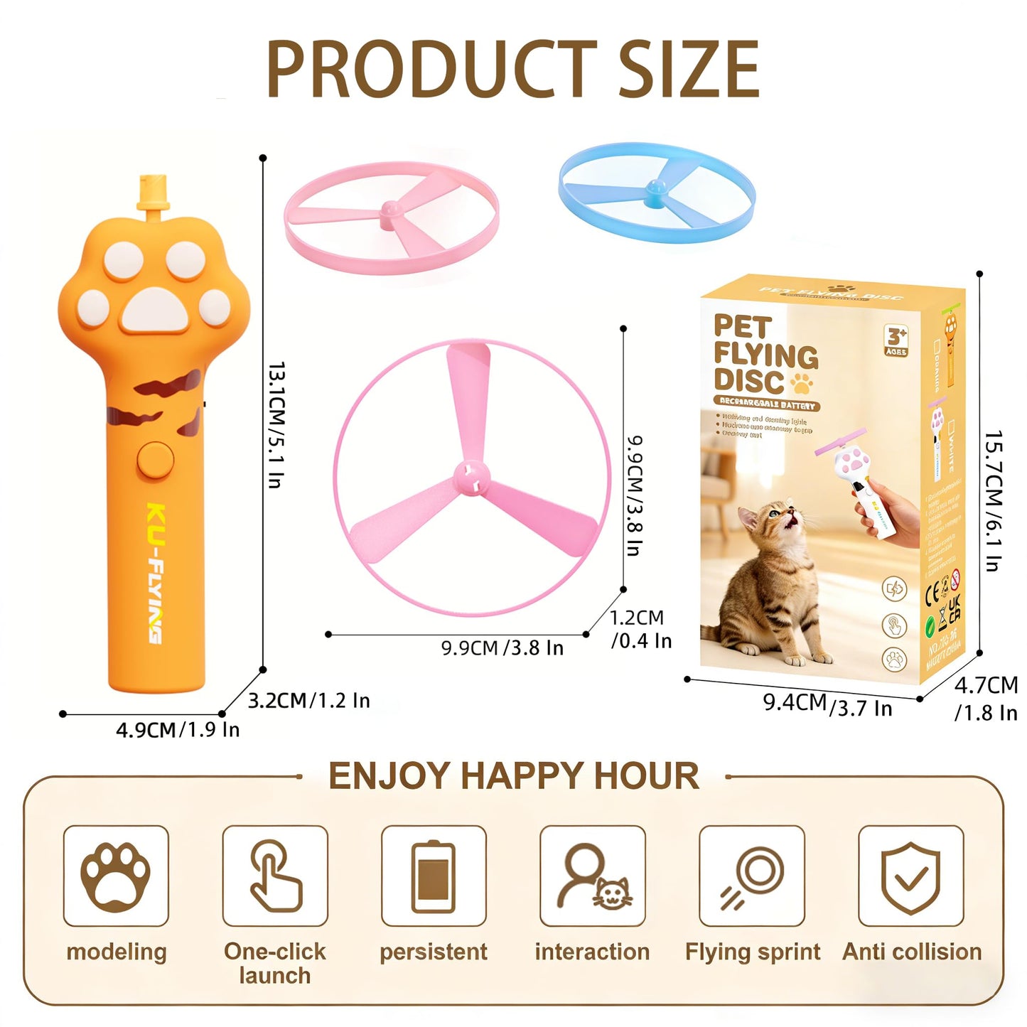 Cat Fetch Toy Launcher,Flying Disc Launcher Toy Rechargeable with 10 Flying Discs,Flying Cat Toy Disc Launcher for Kitten Dog Playing Interactive Hunting Tracking Toys for Outdoor Indoor,Orange